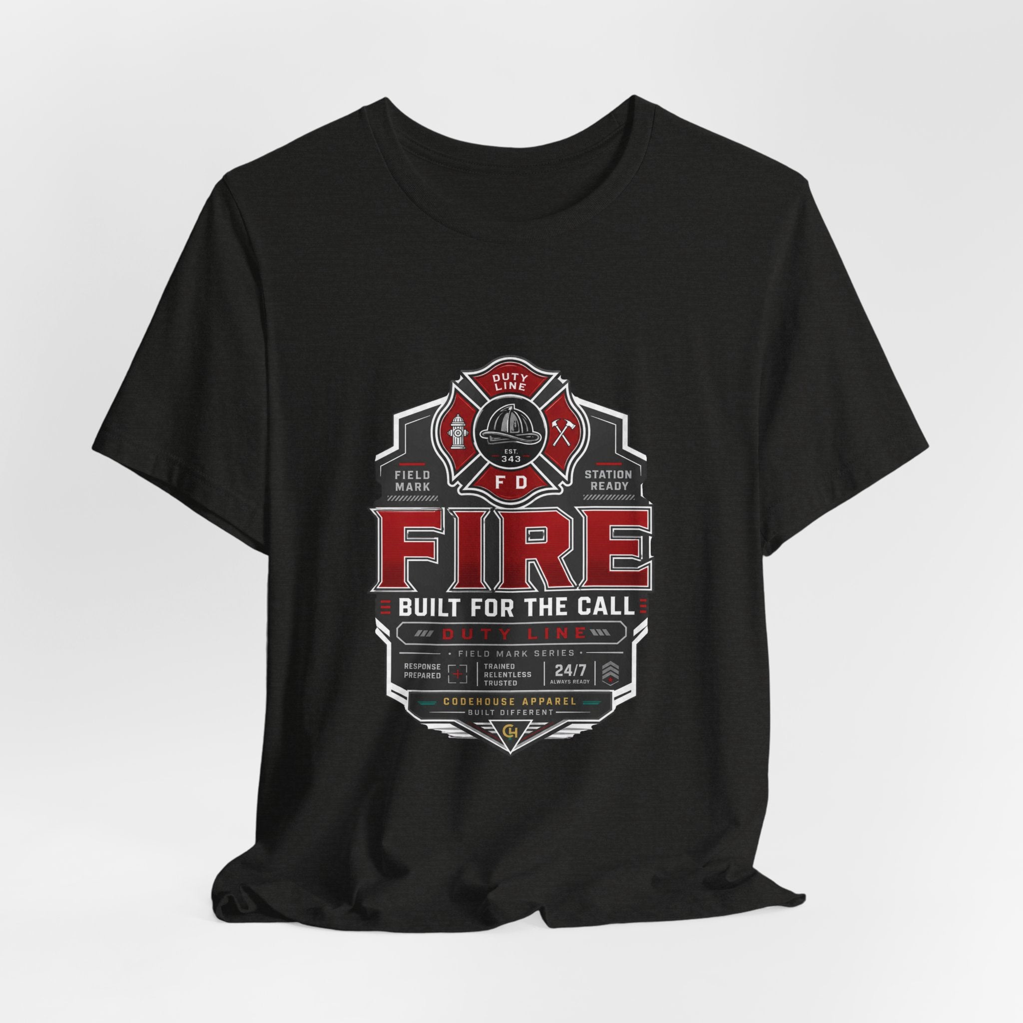 Firefighter T-Shirt — "Built for the Call" Fire Dept Badge Tee