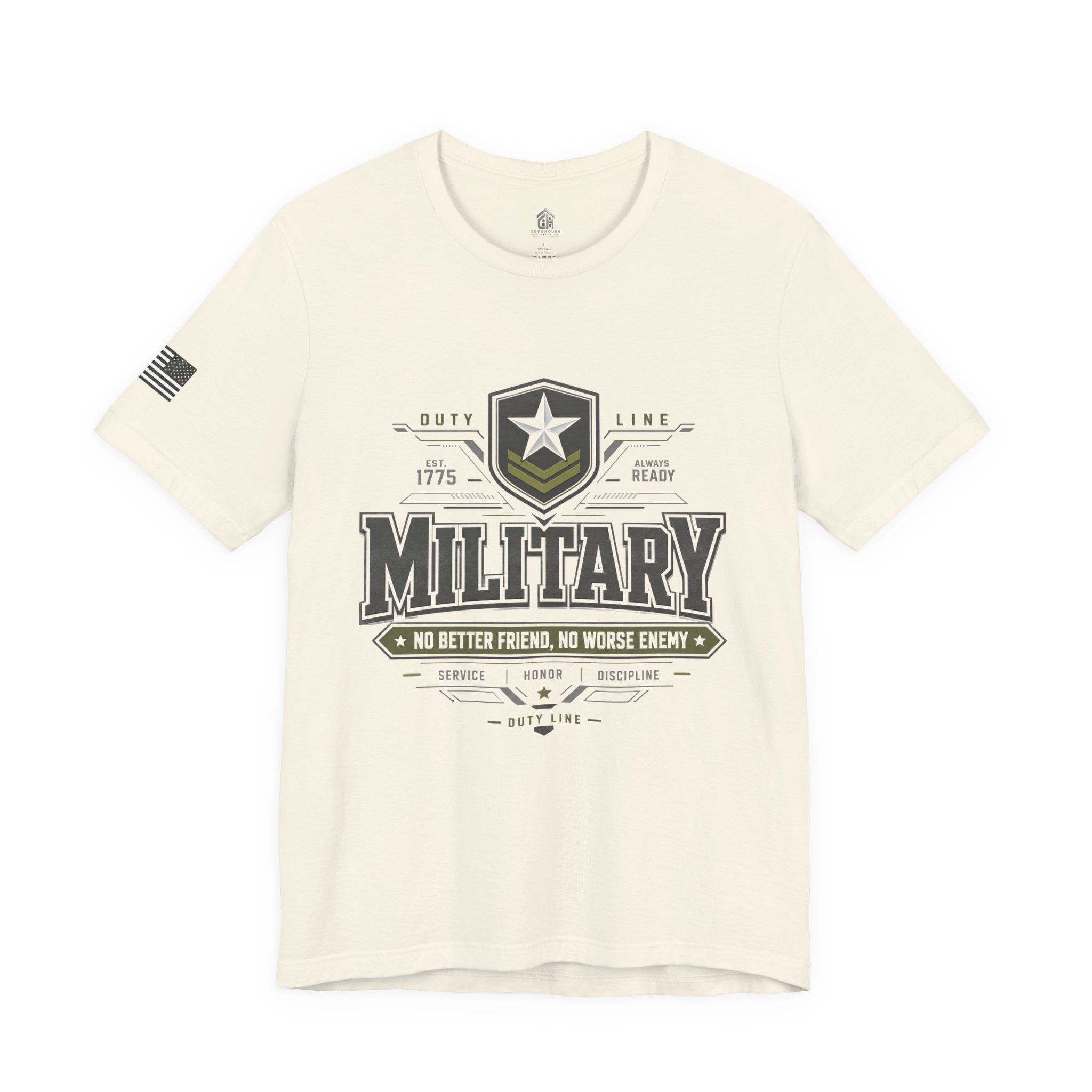 Military Graphic Tee — "No Better Friend, No Worse Enemy" Patriotic Crewneck