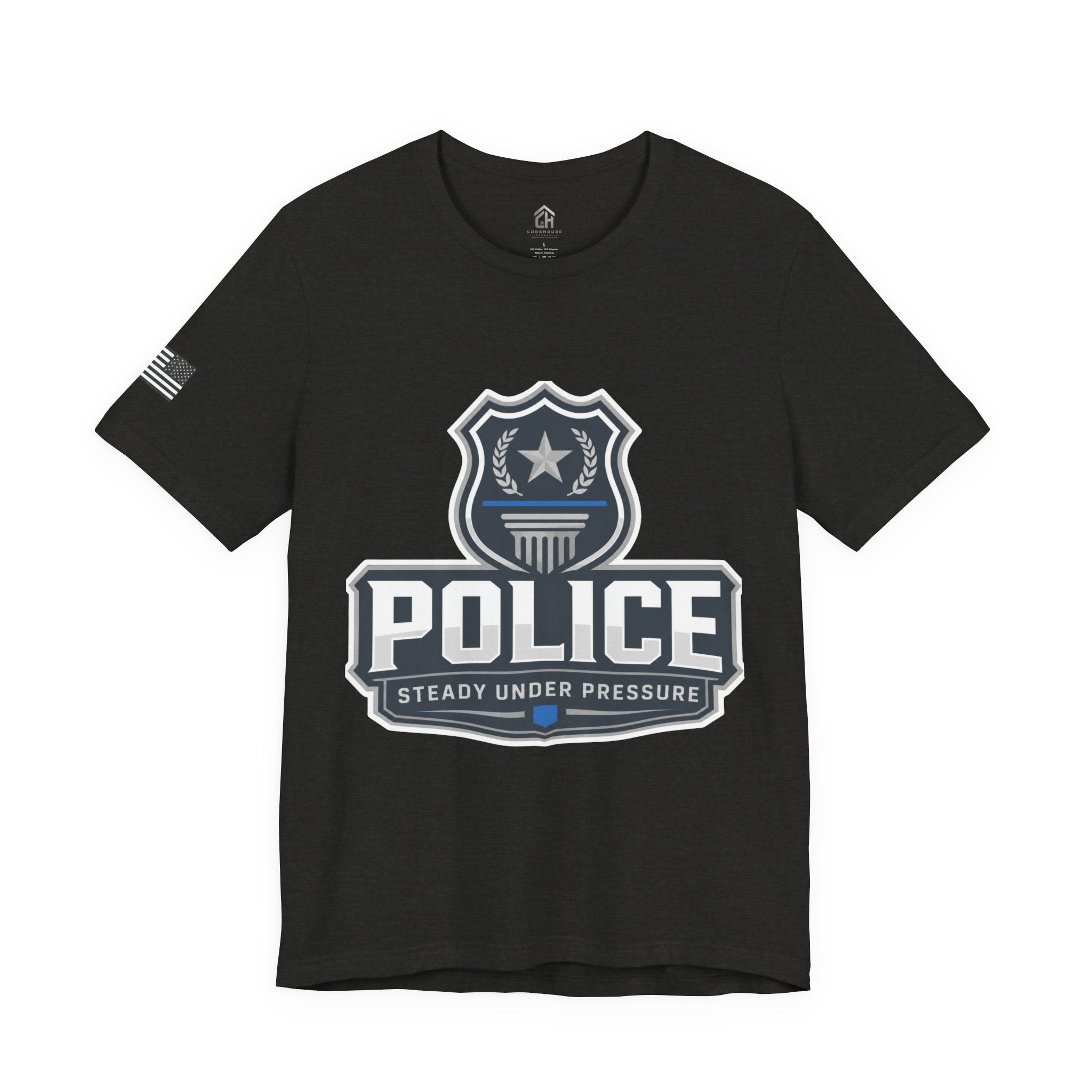 Police Shield T-Shirt — "Steady Under Pressure" Thin Blue Line Tribute