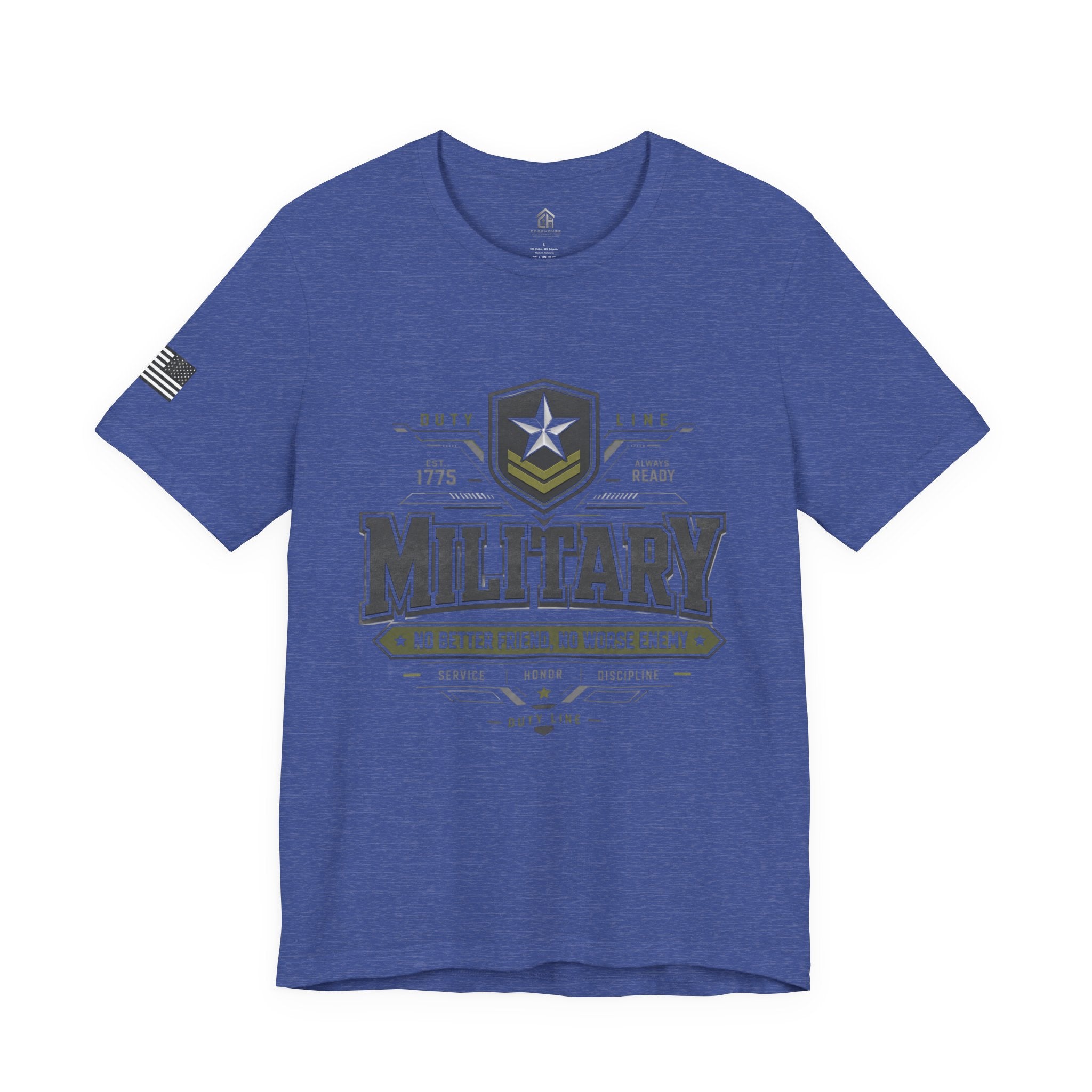 Military Graphic Tee — "No Better Friend, No Worse Enemy" Patriotic Crewneck