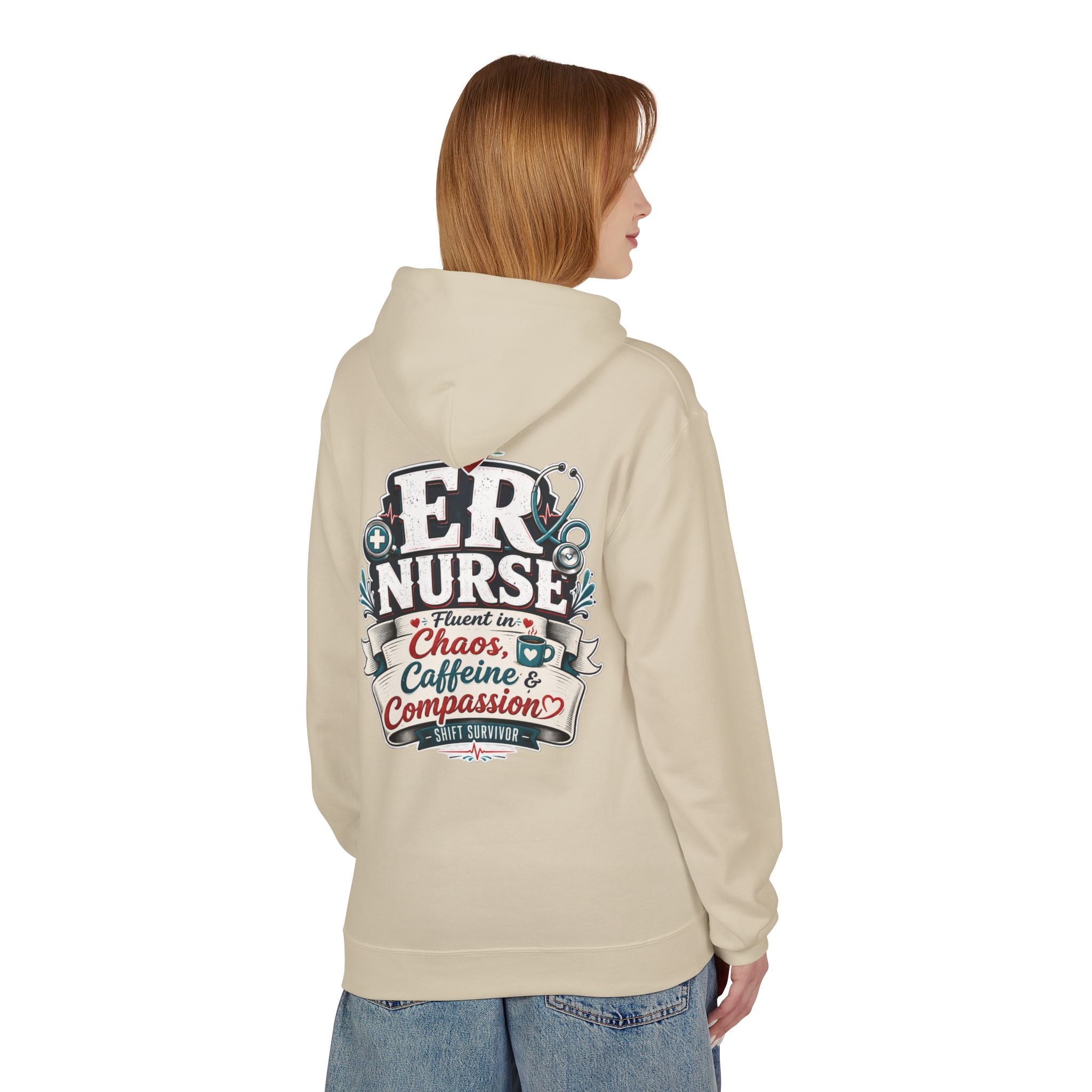 ER Nurse Hoodie - "Present in Chaos, Fueled by Caffeine & Compassion" Medical Staff Pullover