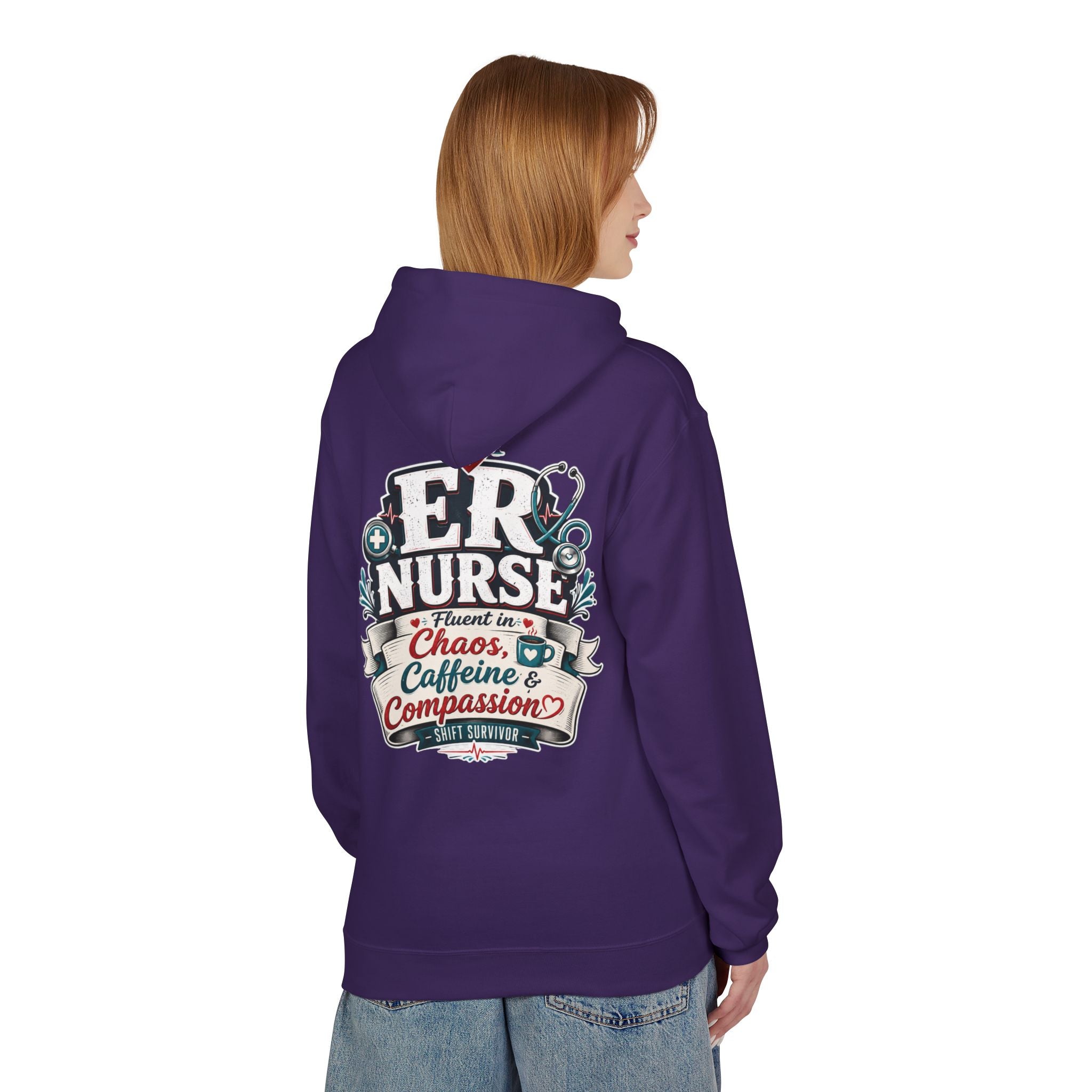 ER Nurse Hoodie - "Present in Chaos, Fueled by Caffeine & Compassion" Medical Staff Pullover