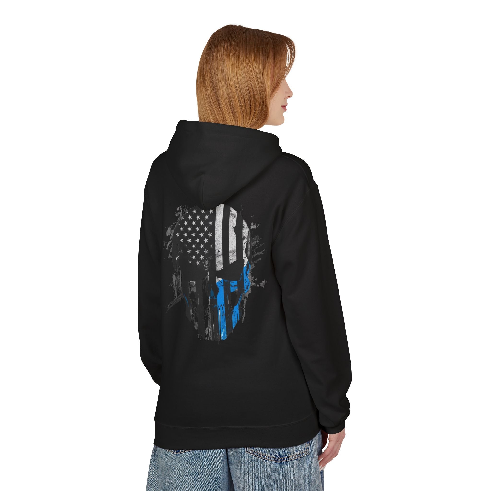 Thin Blue Line Skull Hoodie – Police Support American Flag Back Print