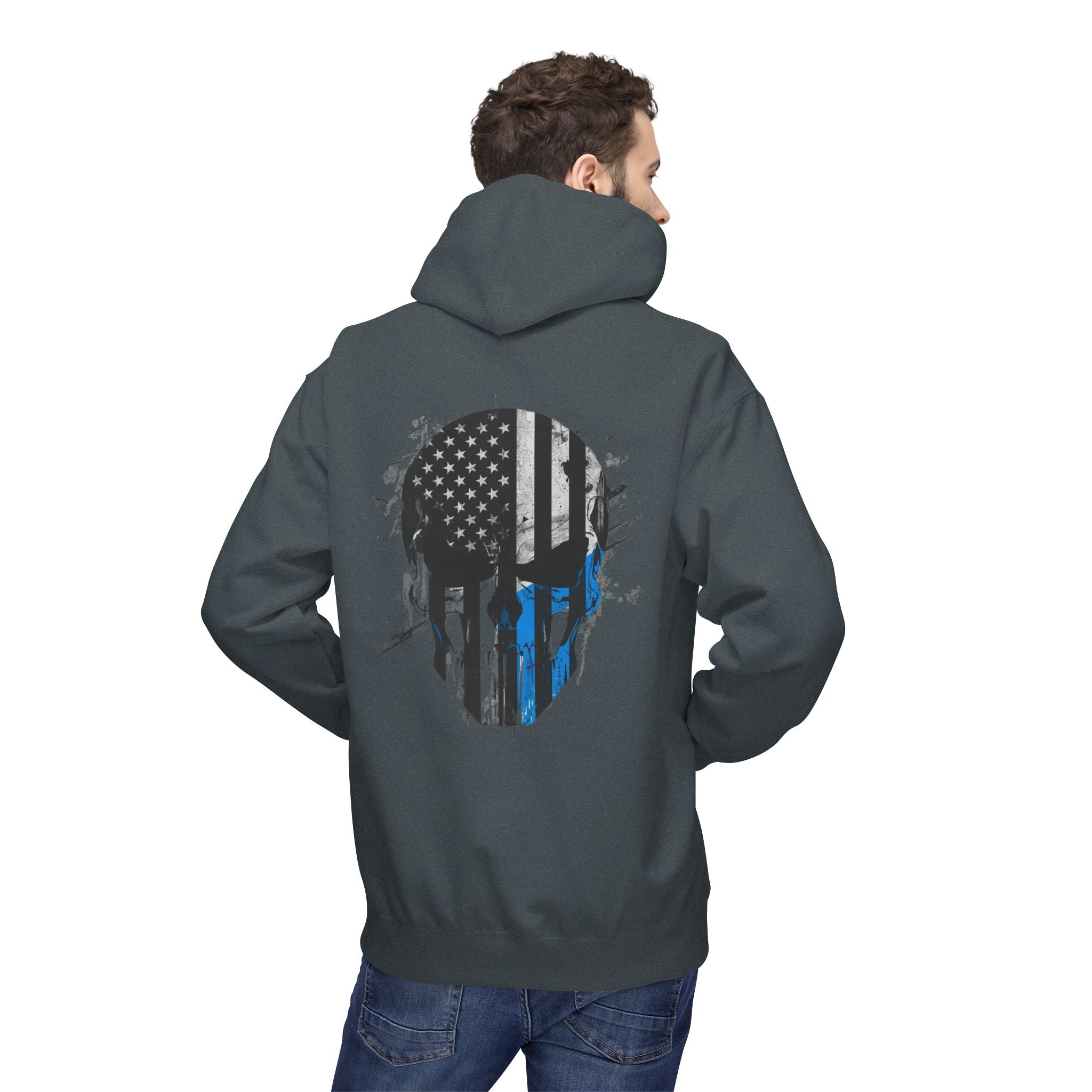 Thin Blue Line Skull Hoodie – Police Support American Flag Back Print