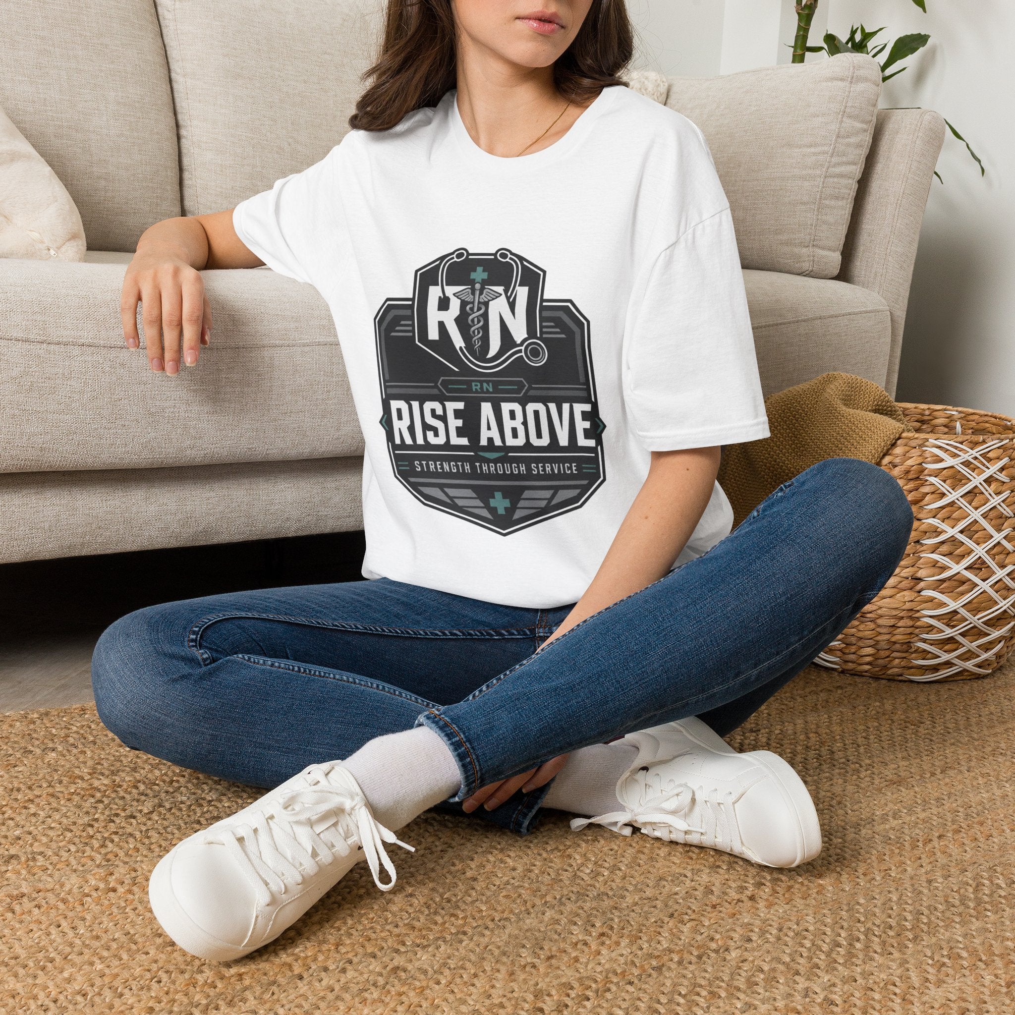 RN Stethoscope Badge T-Shirt — "Rise Above" Nurse Tribute Tee