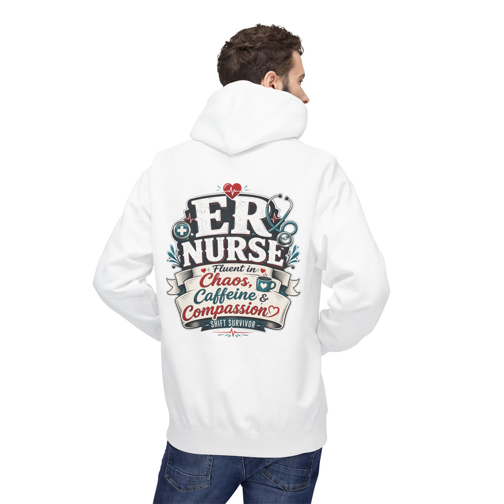 ER Nurse Hoodie - "Present in Chaos, Fueled by Caffeine & Compassion" Medical Staff Pullover