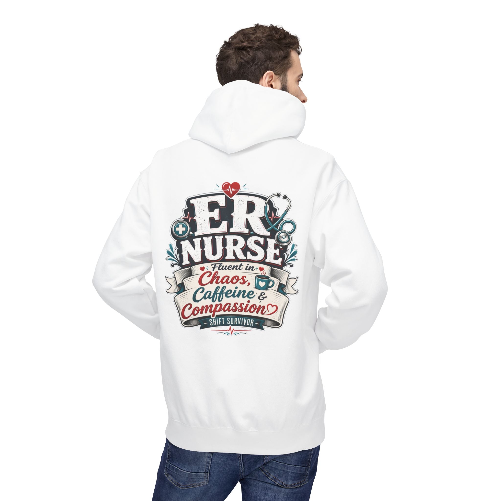 ER Nurse Hoodie - "Present in Chaos, Fueled by Caffeine & Compassion" Medical Staff Pullover