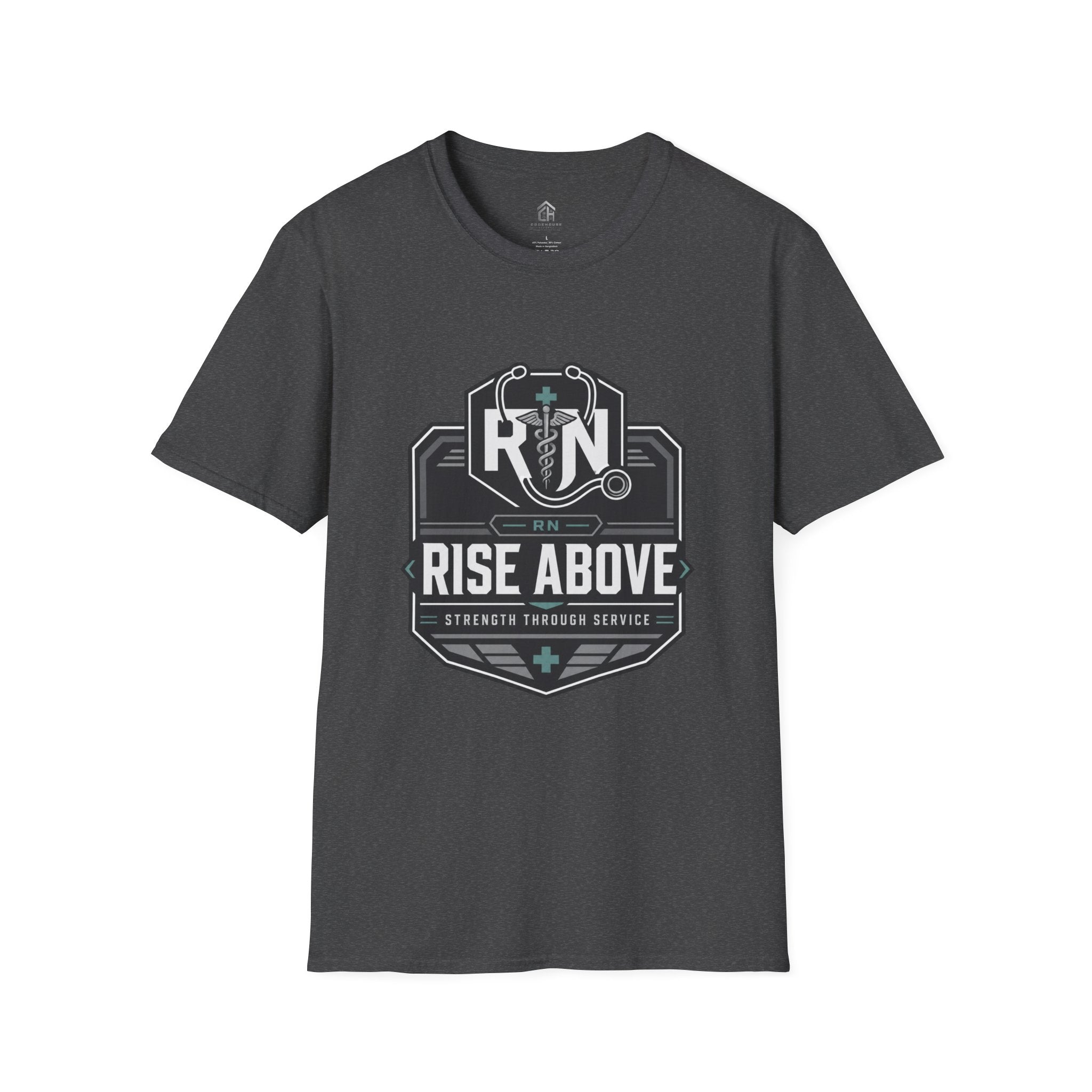 RN Stethoscope Badge T-Shirt — "Rise Above" Nurse Tribute Tee