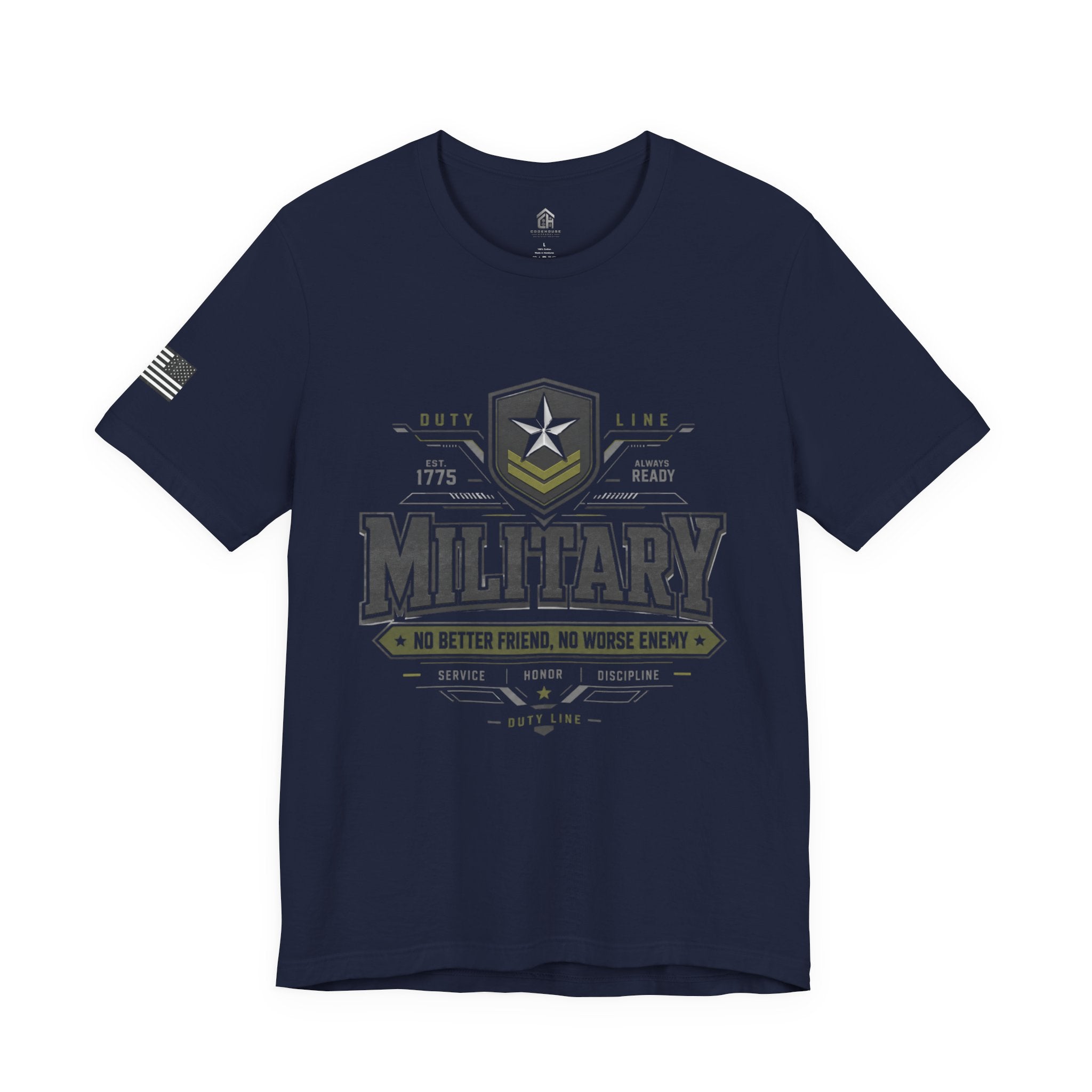 Military Graphic Tee — "No Better Friend, No Worse Enemy" Patriotic Crewneck