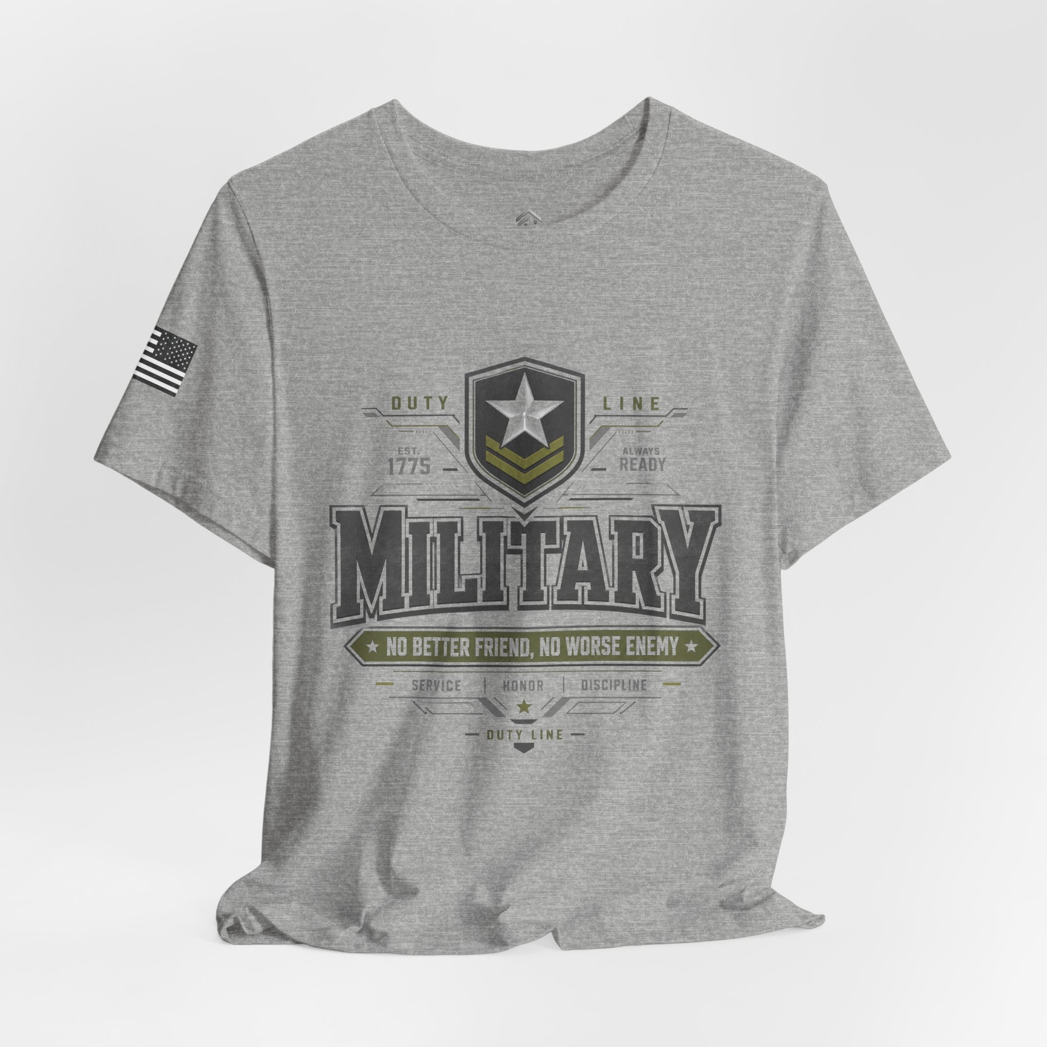 Military Graphic Tee — "No Better Friend, No Worse Enemy" Patriotic Crewneck