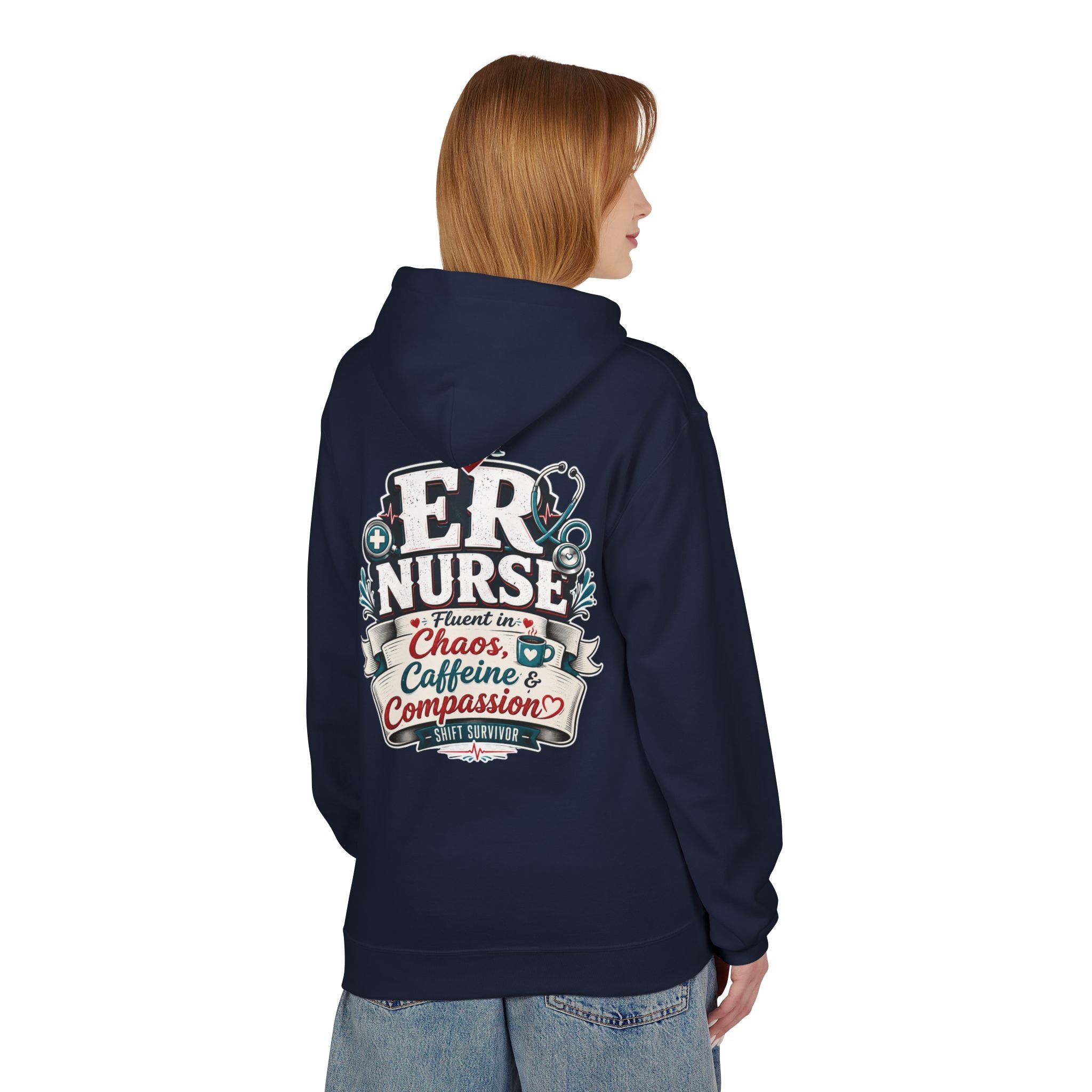 ER Nurse Hoodie - "Present in Chaos, Fueled by Caffeine & Compassion" Medical Staff Pullover
