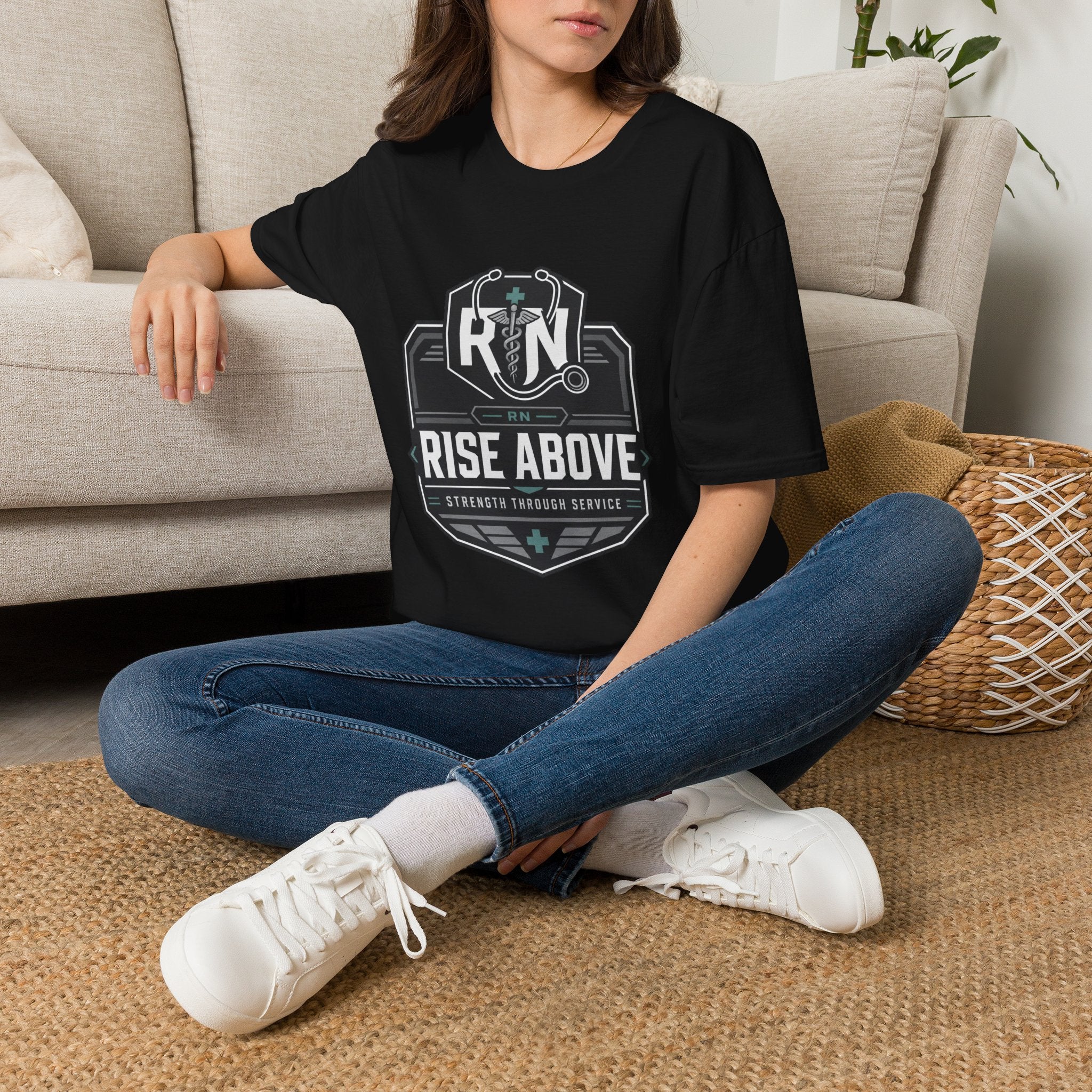 RN Stethoscope Badge T-Shirt — "Rise Above" Nurse Tribute Tee
