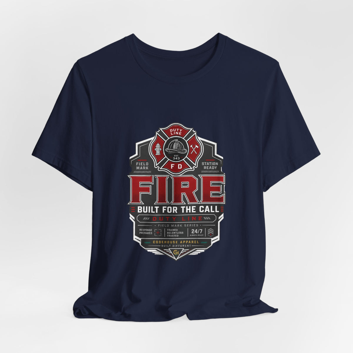 Firefighter T-Shirt — "Built for the Call" Fire Dept Badge Tee