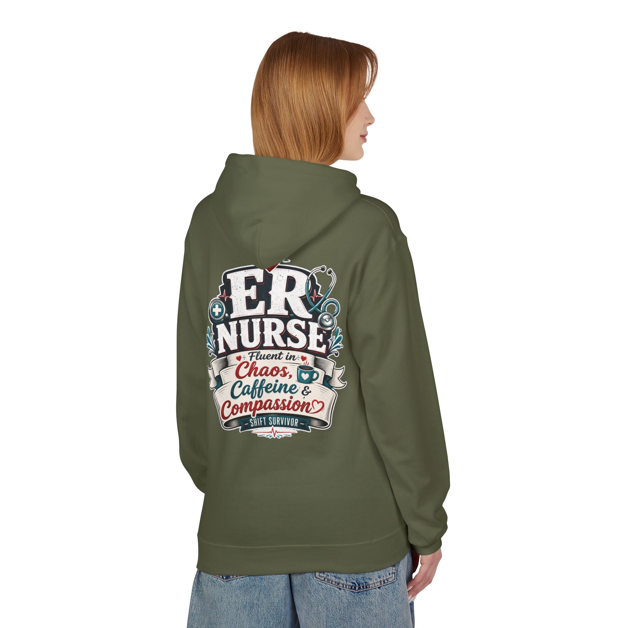 ER Nurse Hoodie - "Present in Chaos, Fueled by Caffeine & Compassion" Medical Staff Pullover