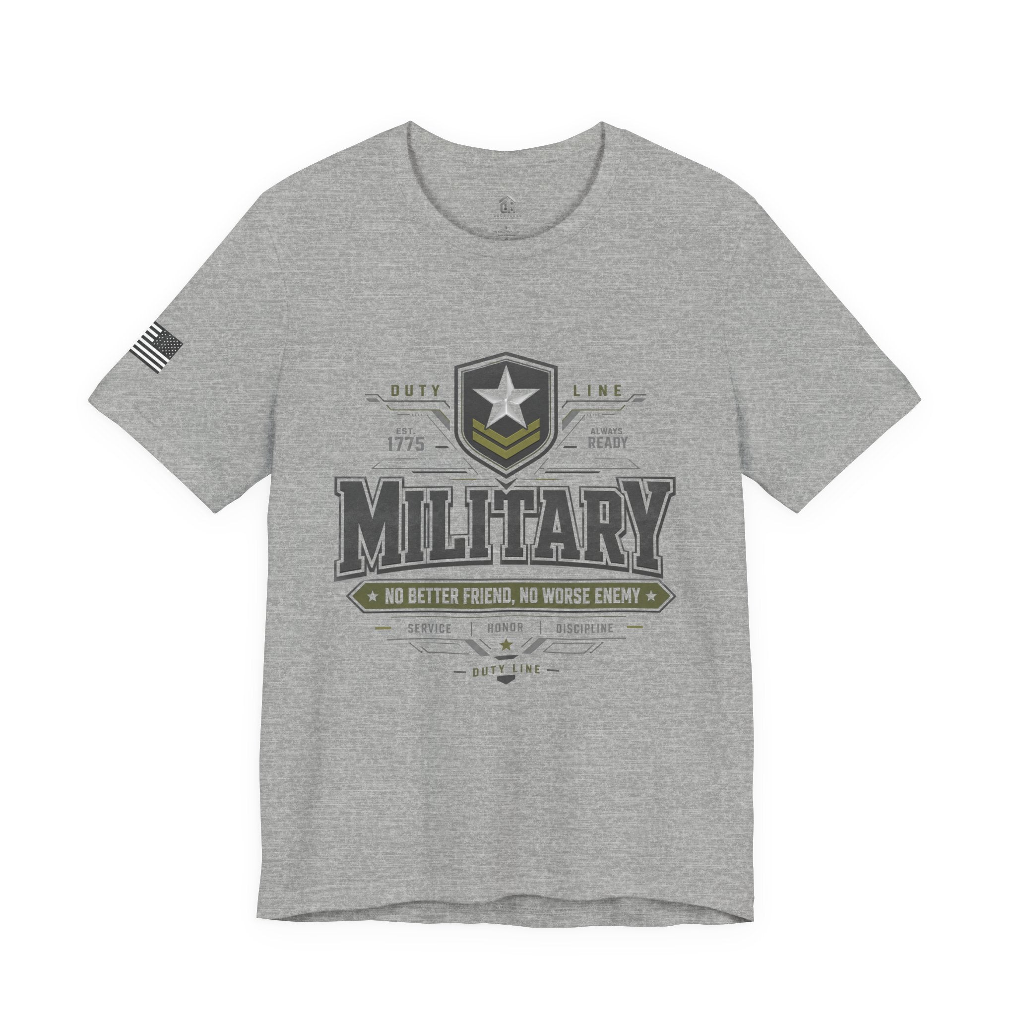 Military Graphic Tee — "No Better Friend, No Worse Enemy" Patriotic Crewneck
