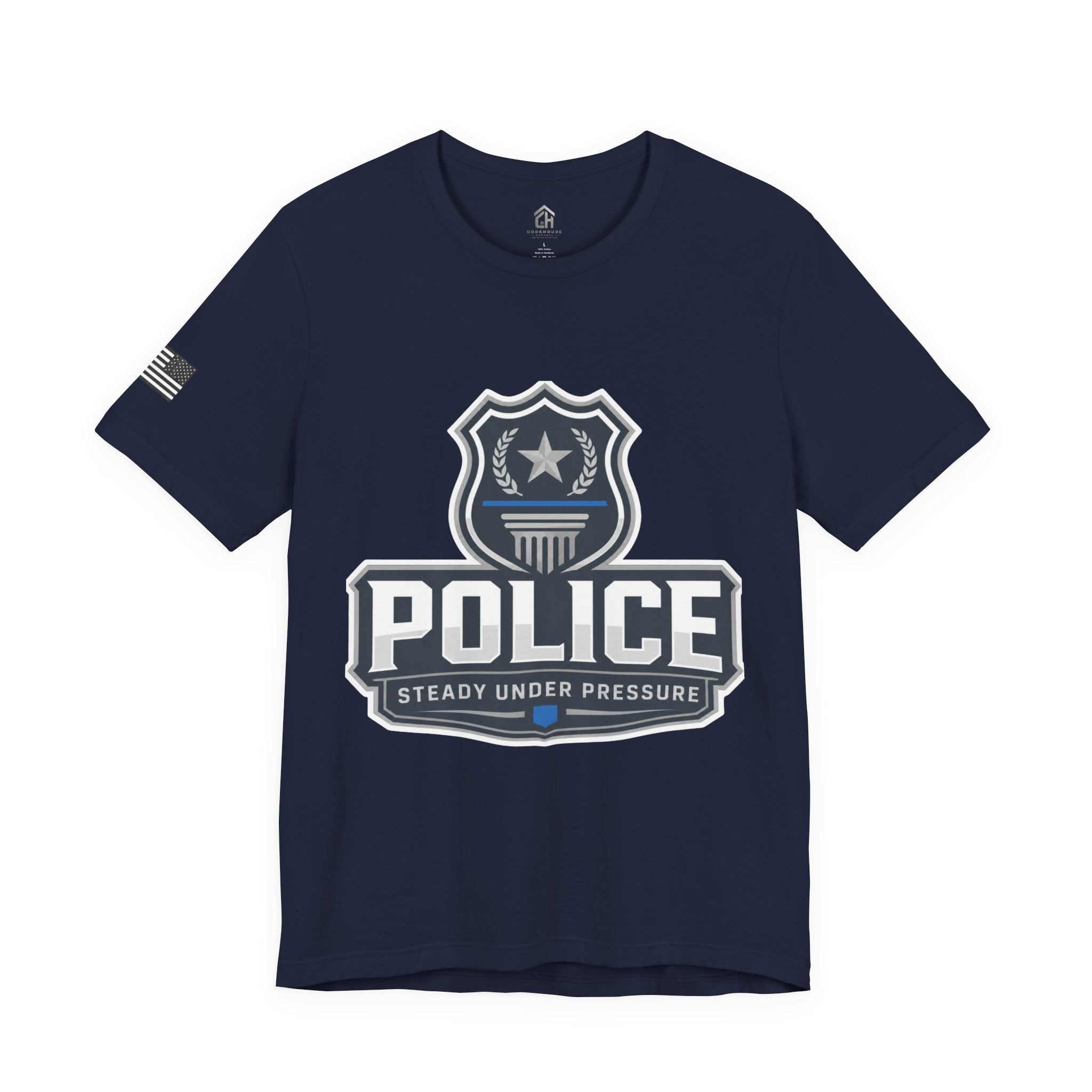 Police Shield T-Shirt — "Steady Under Pressure" Thin Blue Line Tribute