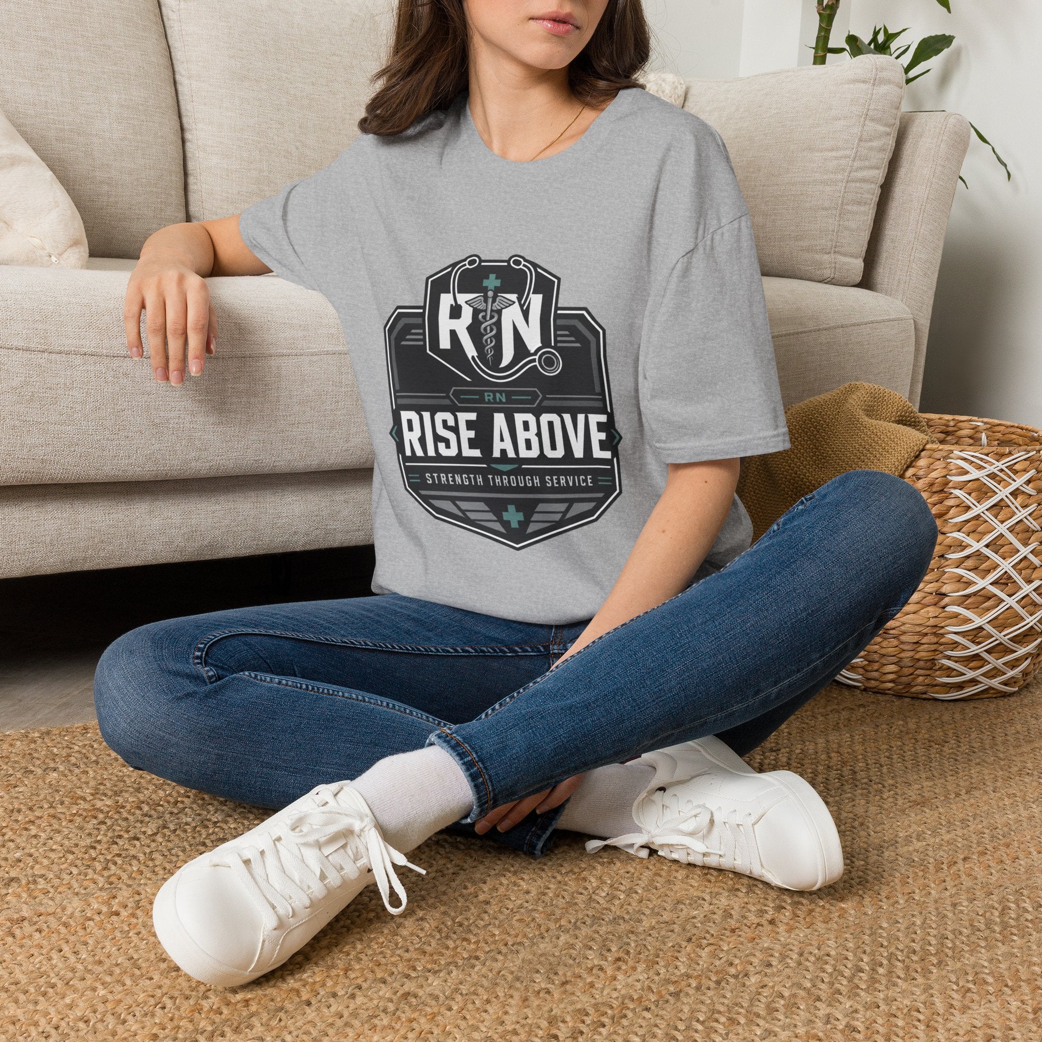RN Stethoscope Badge T-Shirt — "Rise Above" Nurse Tribute Tee