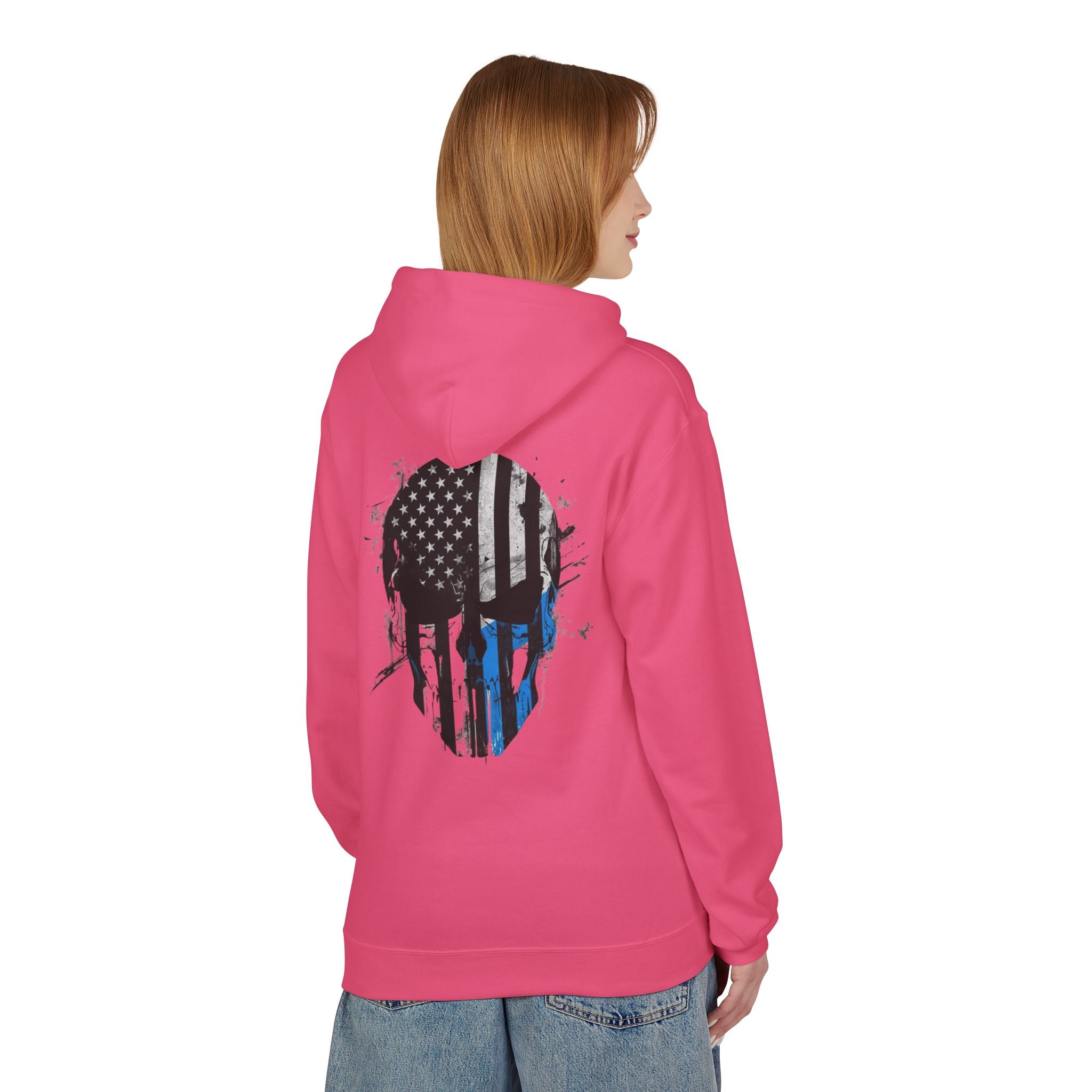 Thin Blue Line Skull Hoodie – Police Support American Flag Back Print