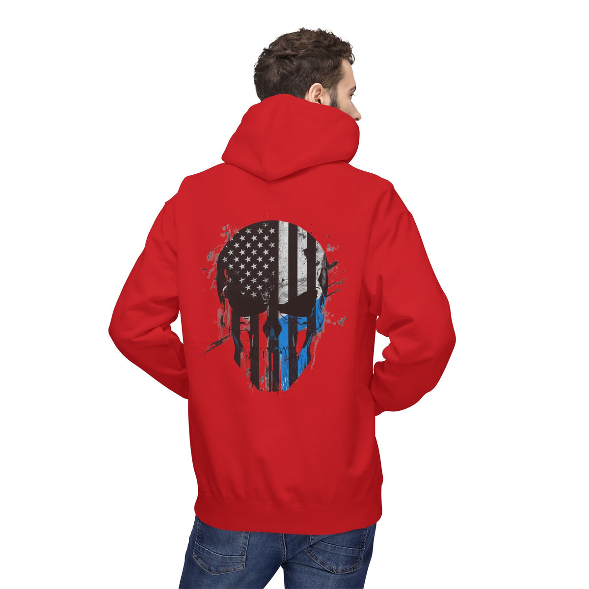 Thin Blue Line Skull Hoodie – Police Support American Flag Back Print