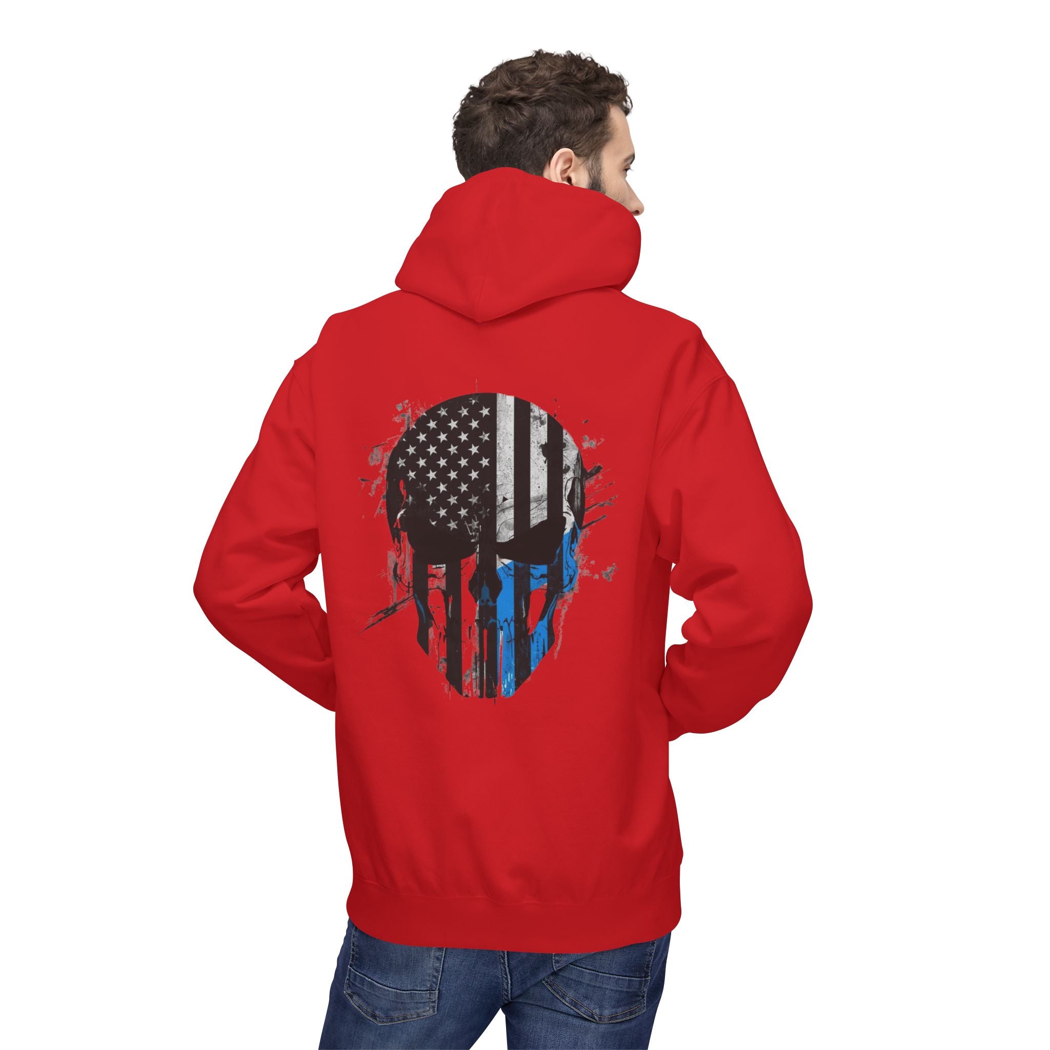 Thin Blue Line Skull Hoodie – Police Support American Flag Back Print