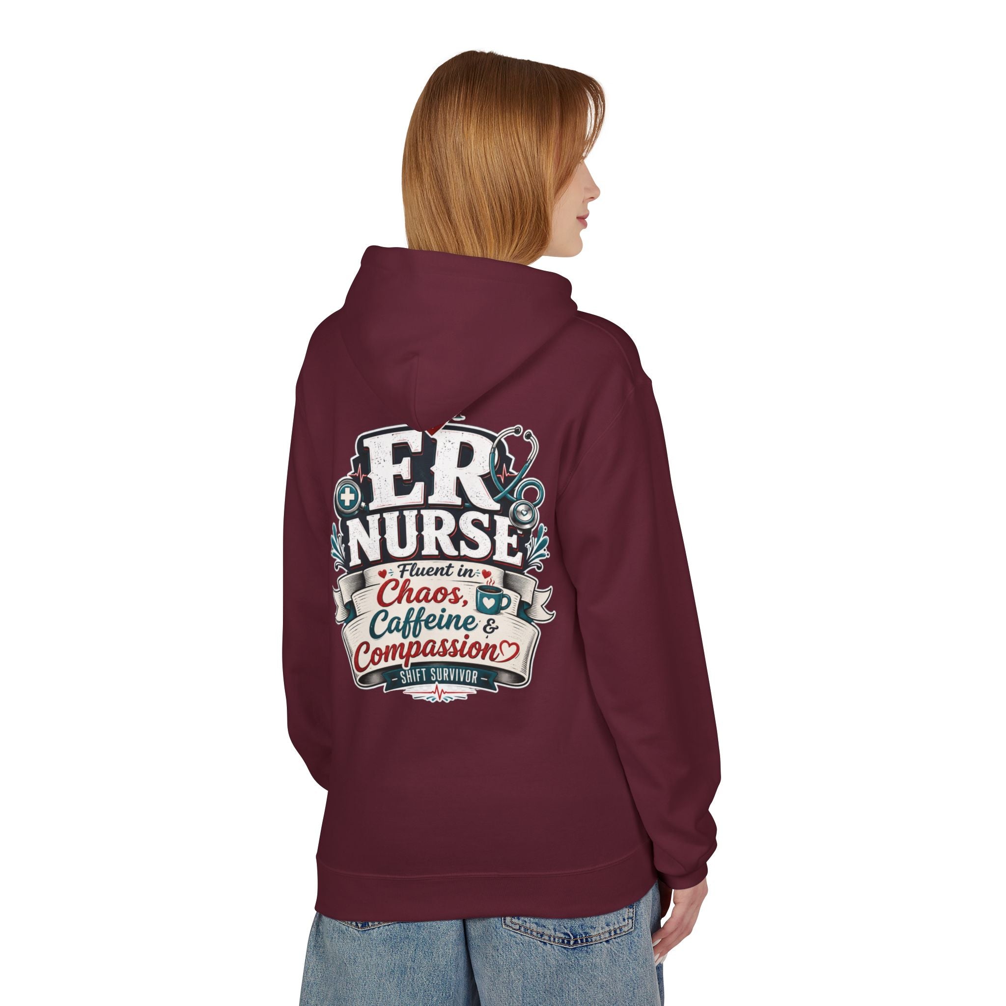 ER Nurse Hoodie - "Present in Chaos, Fueled by Caffeine & Compassion" Medical Staff Pullover