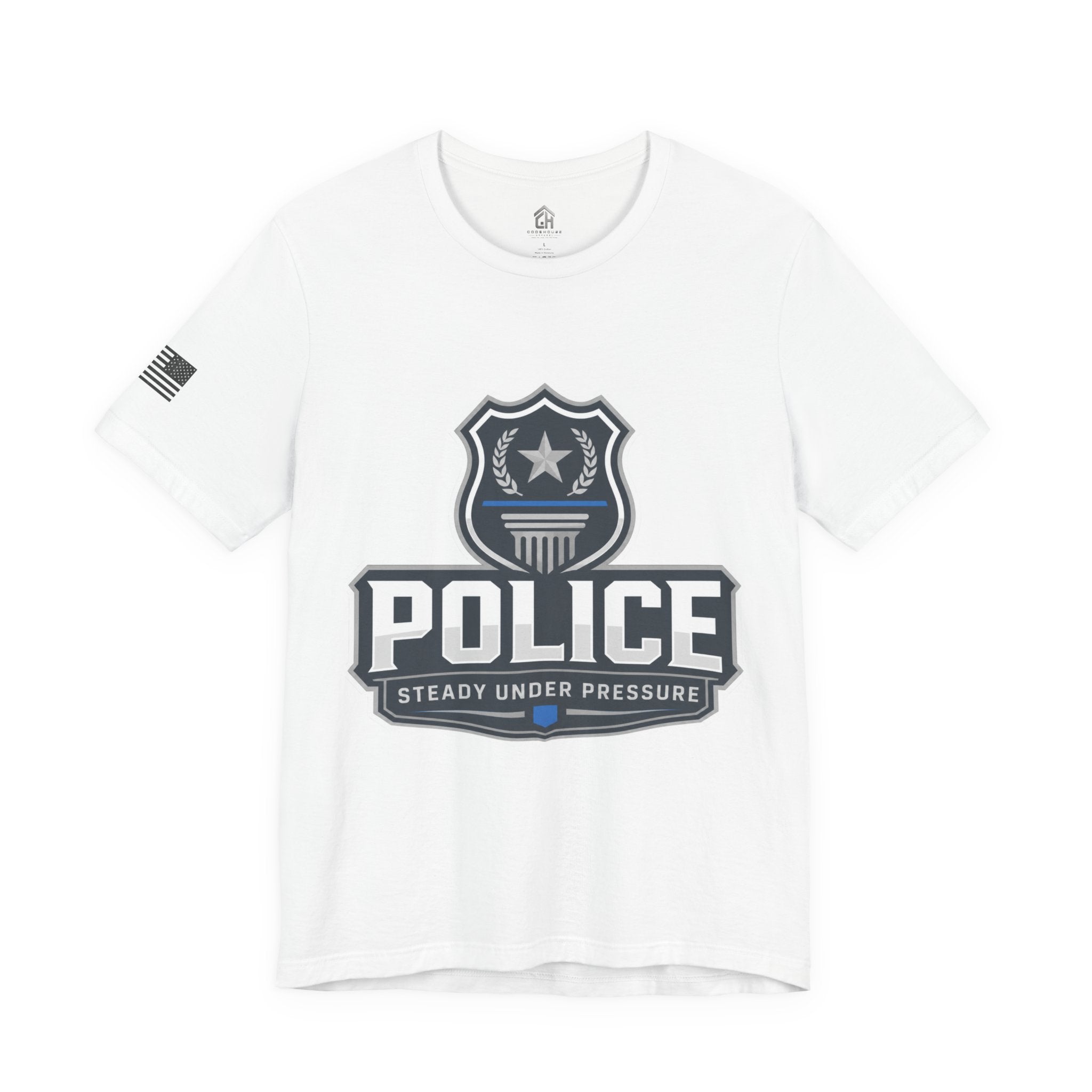 Police Shield T-Shirt — "Steady Under Pressure" Thin Blue Line Tribute
