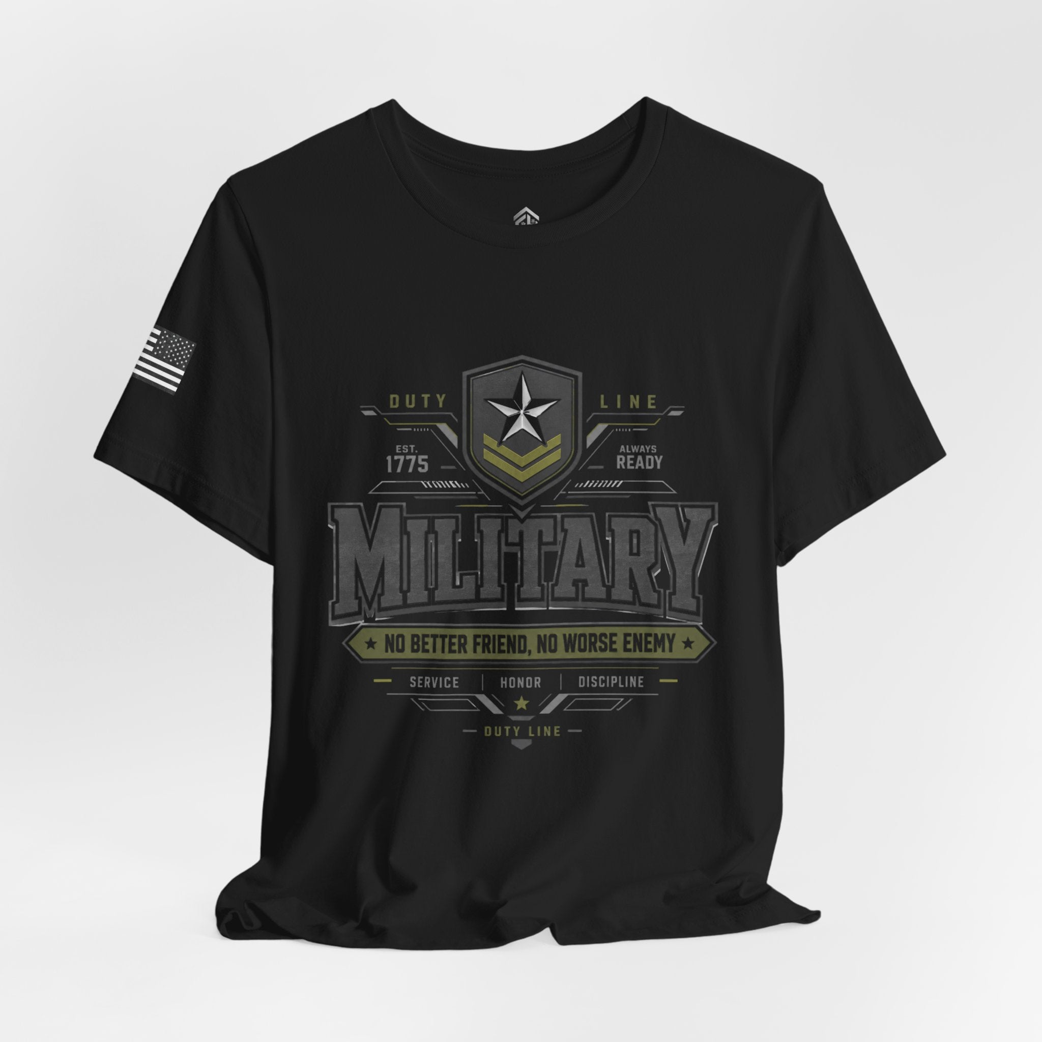 Military Graphic Tee — "No Better Friend, No Worse Enemy" Patriotic Crewneck