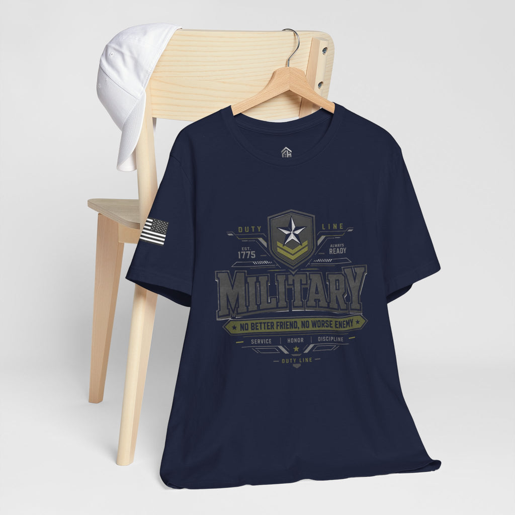 Military Graphic Tee — "No Better Friend, No Worse Enemy" Patriotic Crewneck