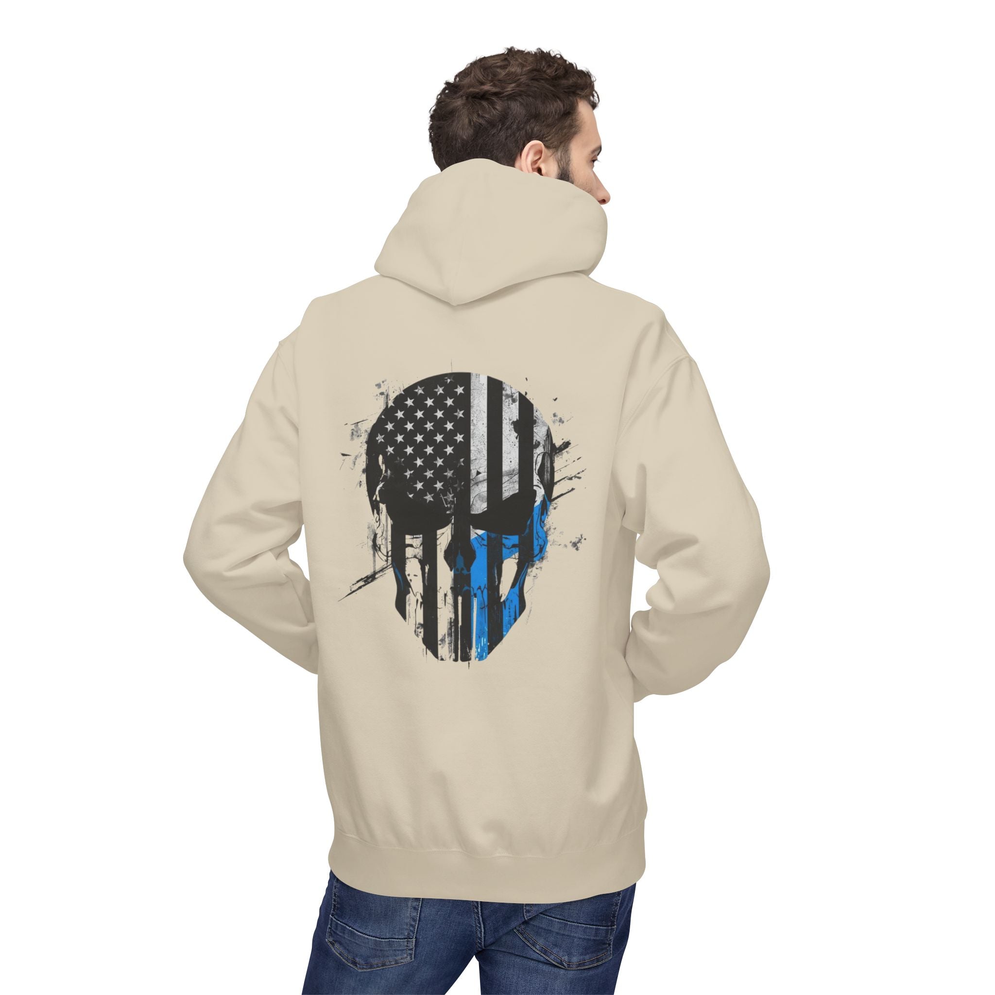 Thin Blue Line Skull Hoodie – Police Support American Flag Back Print