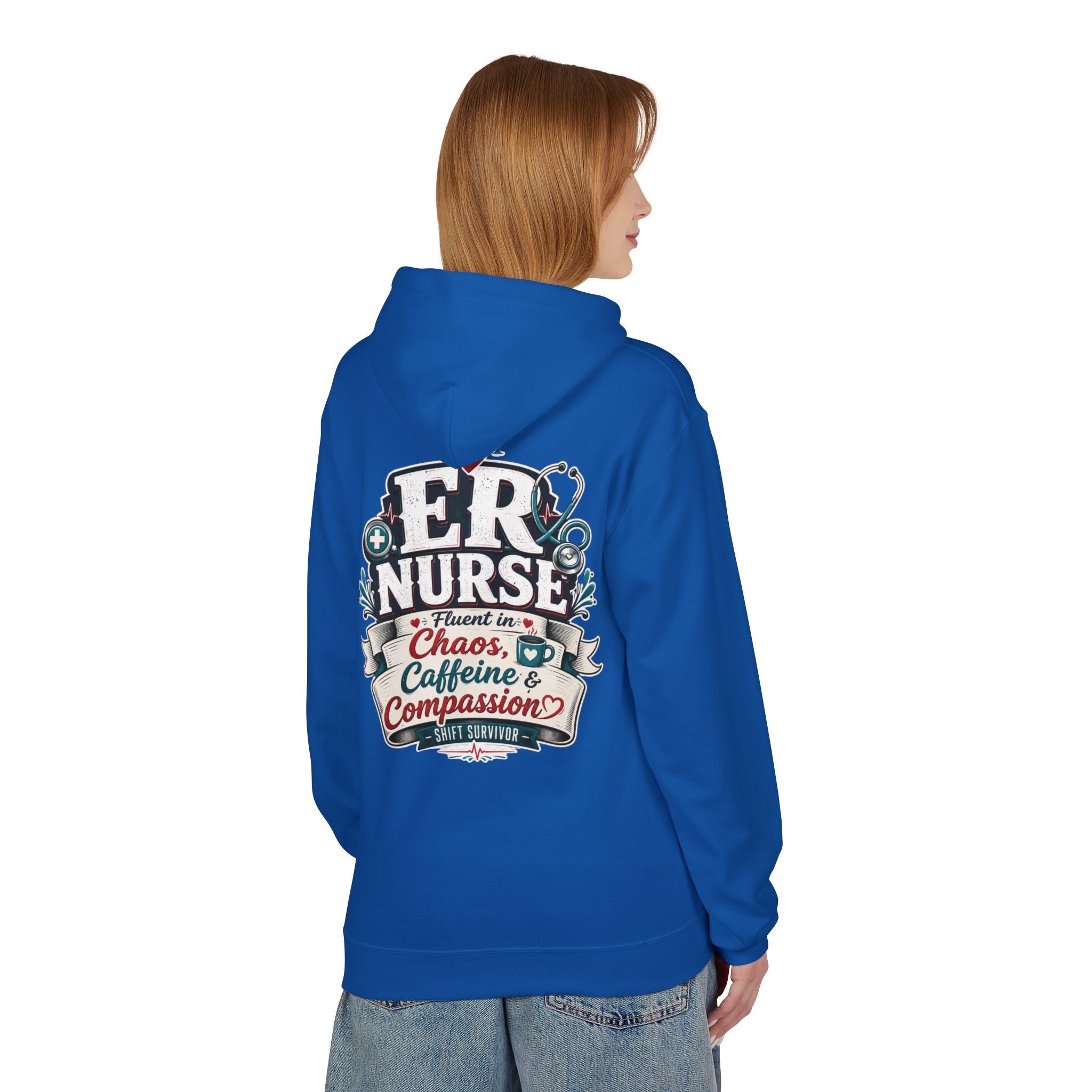 ER Nurse Hoodie - "Present in Chaos, Fueled by Caffeine & Compassion" Medical Staff Pullover
