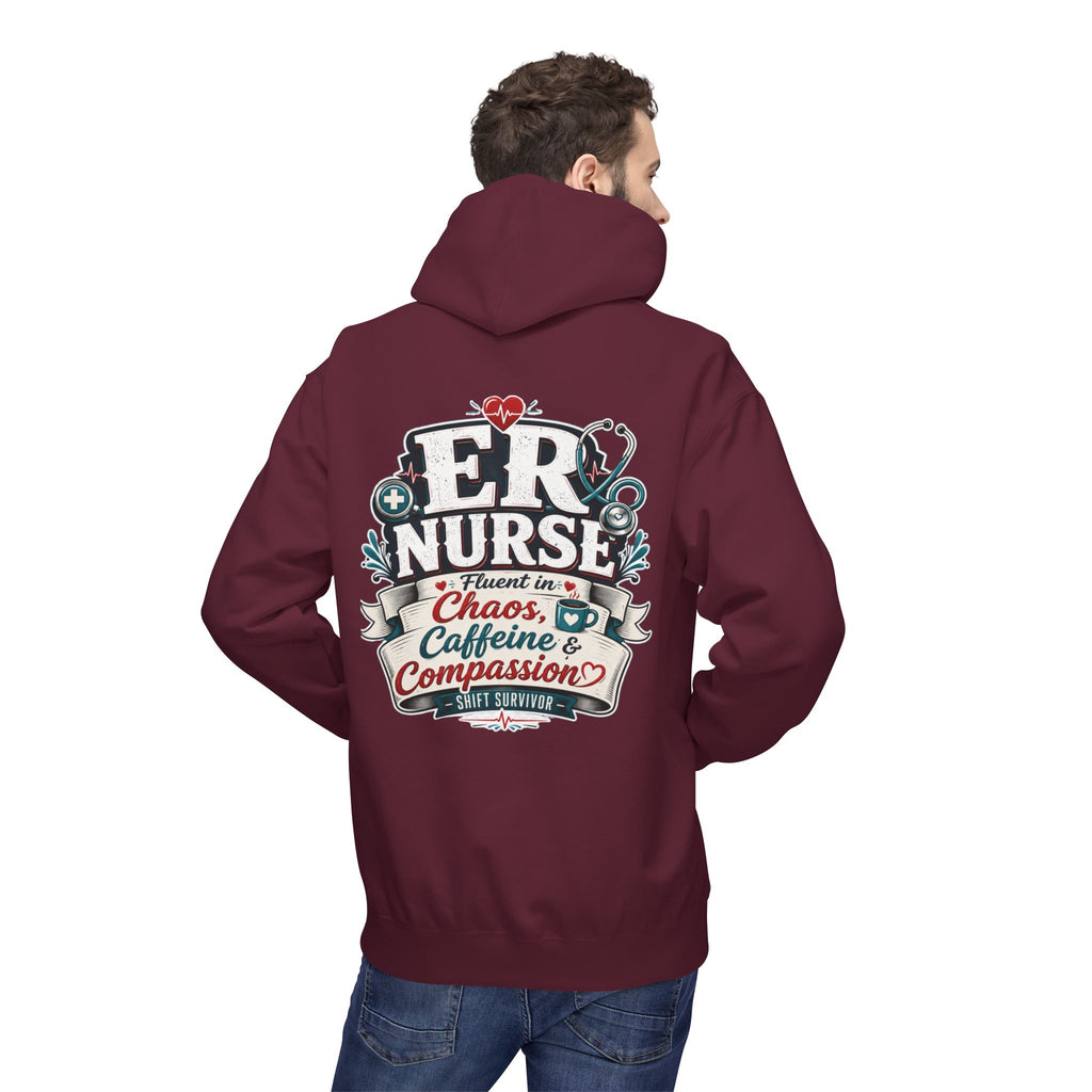 ER Nurse Hoodie - "Present in Chaos, Fueled by Caffeine & Compassion" Medical Staff Pullover