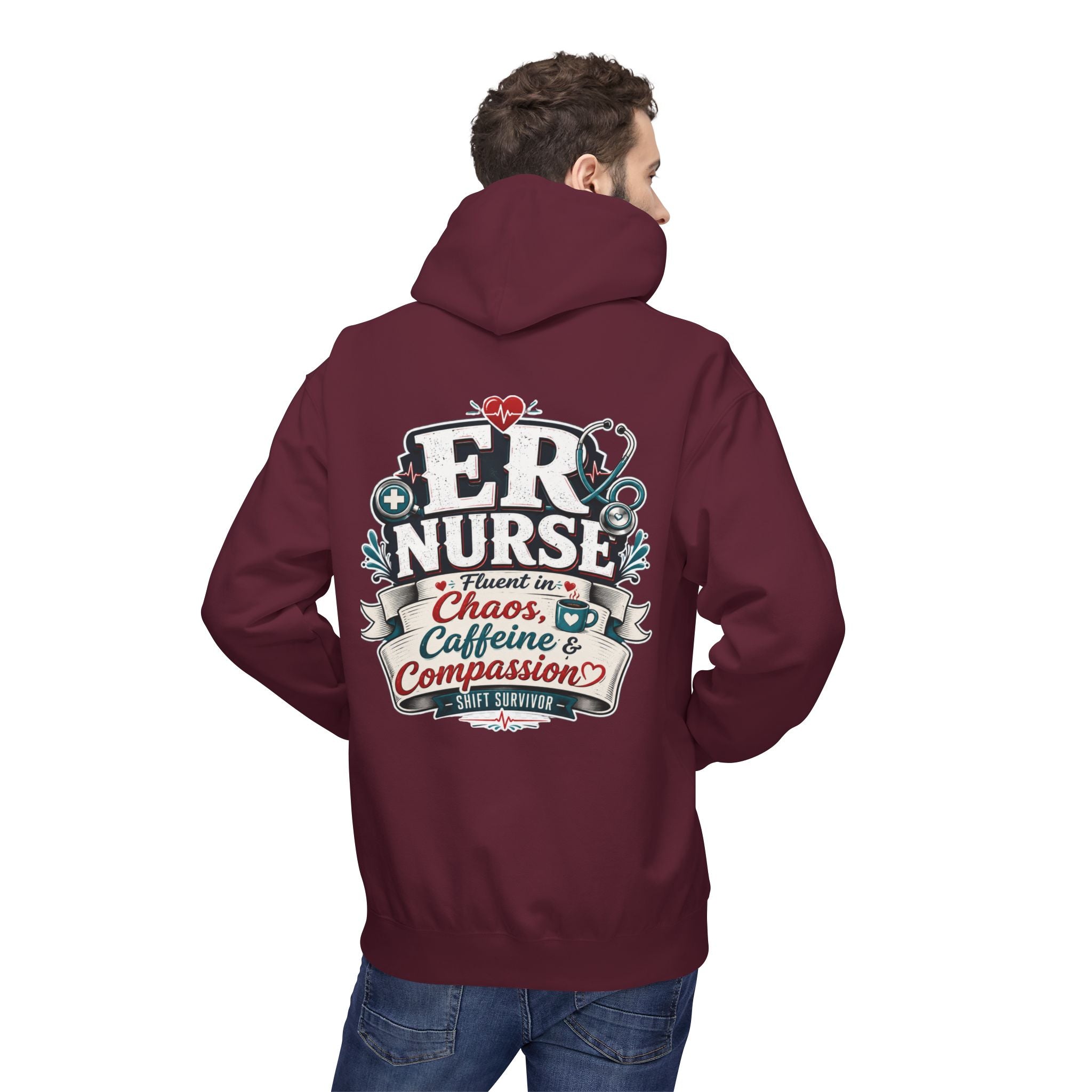 ER Nurse Hoodie - "Present in Chaos, Fueled by Caffeine & Compassion" Medical Staff Pullover