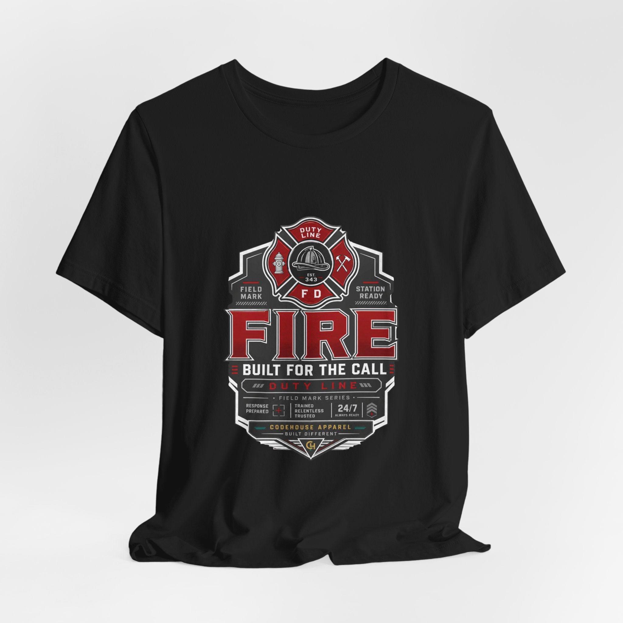 Firefighter T-Shirt — "Built for the Call" Fire Dept Badge Tee