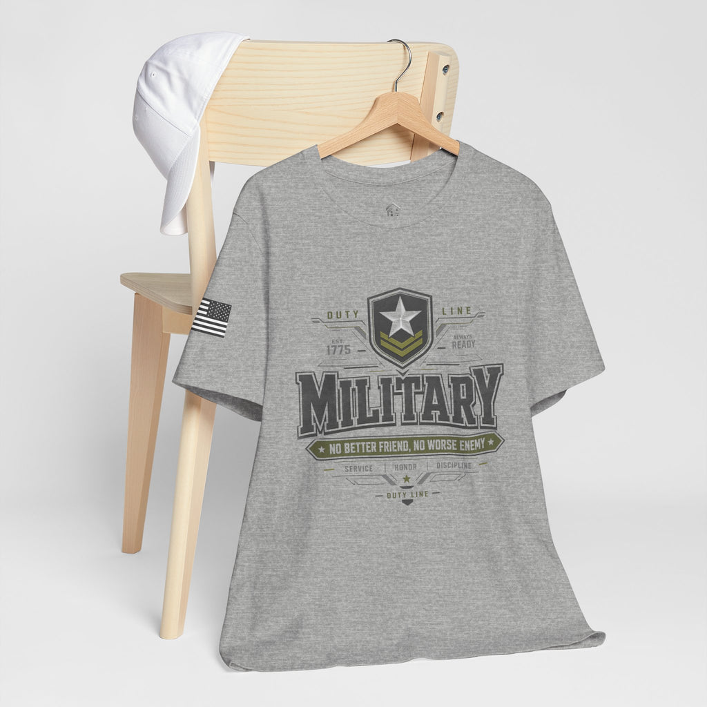 Military Graphic Tee — "No Better Friend, No Worse Enemy" Patriotic Crewneck