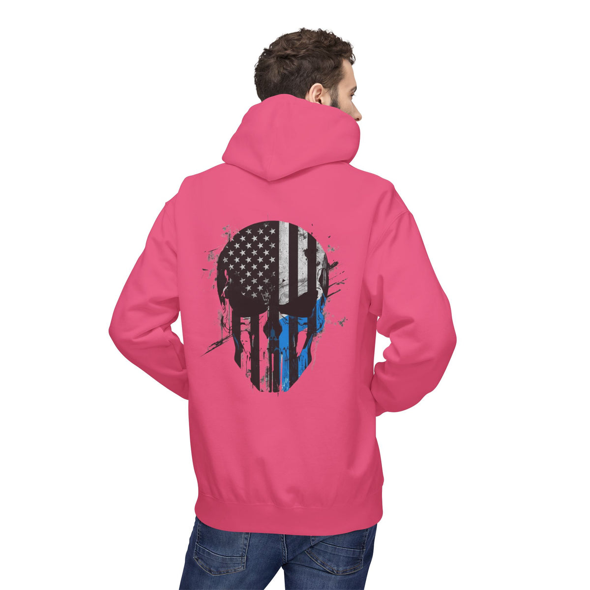 Thin Blue Line Skull Hoodie – Police Support American Flag Back Print