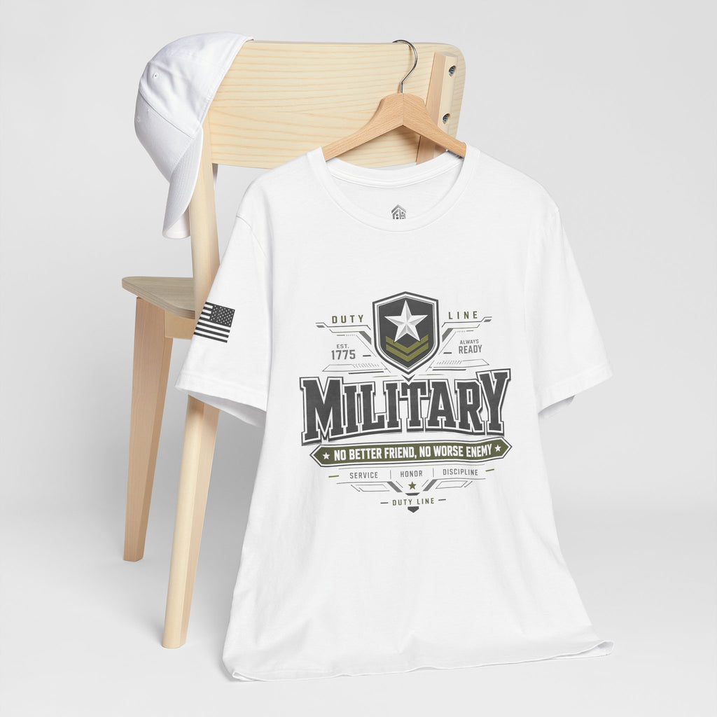Military Graphic Tee — "No Better Friend, No Worse Enemy" Patriotic Crewneck