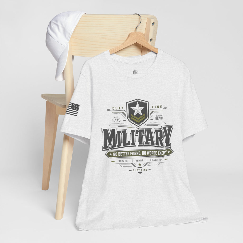 Military Graphic Tee — "No Better Friend, No Worse Enemy" Patriotic Crewneck