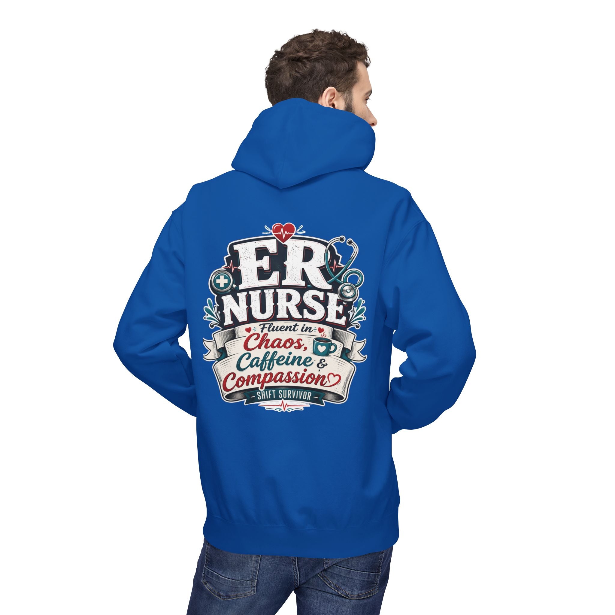 ER Nurse Hoodie - "Present in Chaos, Fueled by Caffeine & Compassion" Medical Staff Pullover
