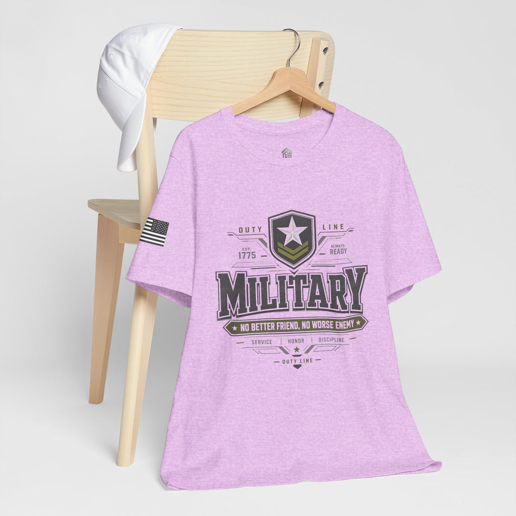 Military Graphic Tee — "No Better Friend, No Worse Enemy" Patriotic Crewneck