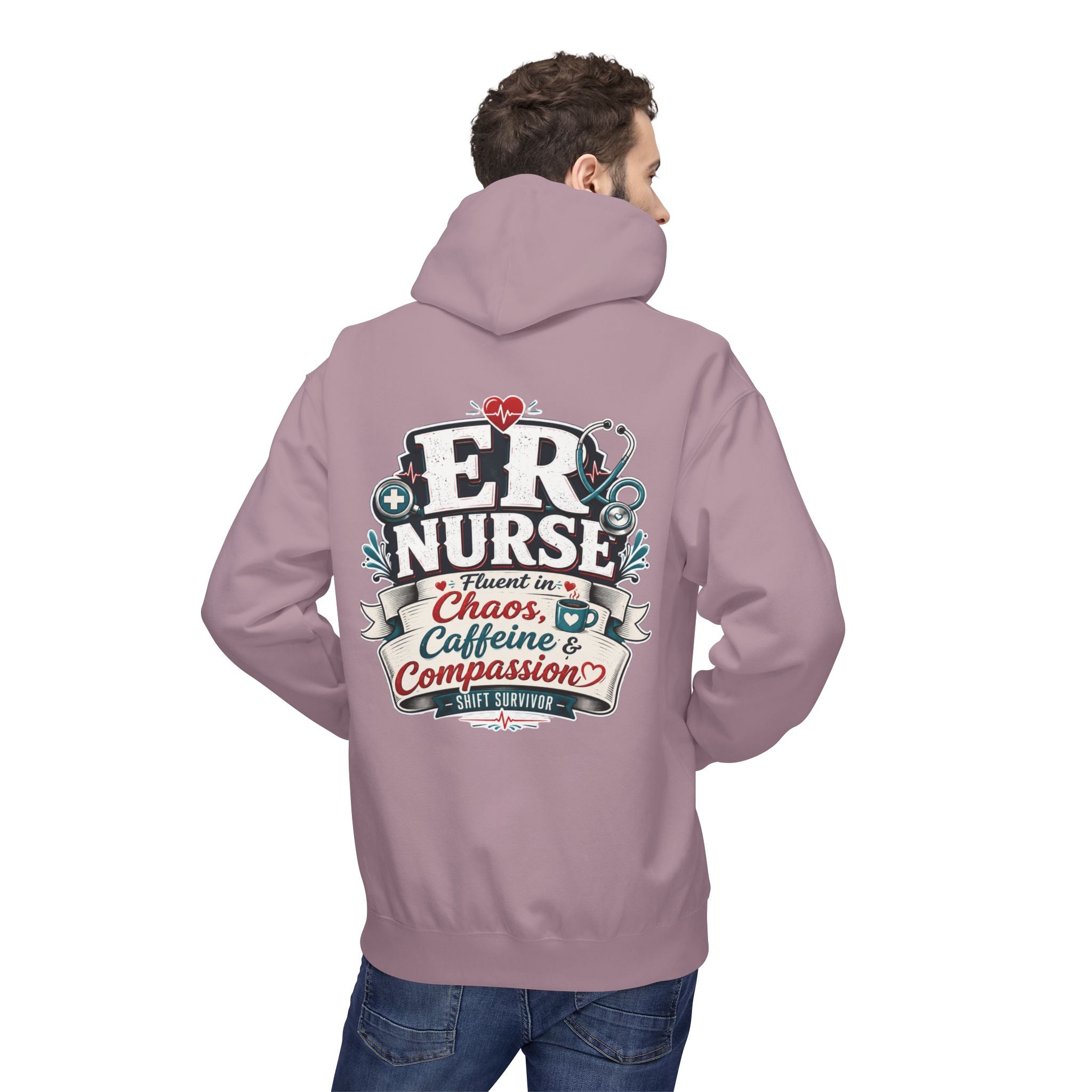 ER Nurse Hoodie - "Present in Chaos, Fueled by Caffeine & Compassion" Medical Staff Pullover