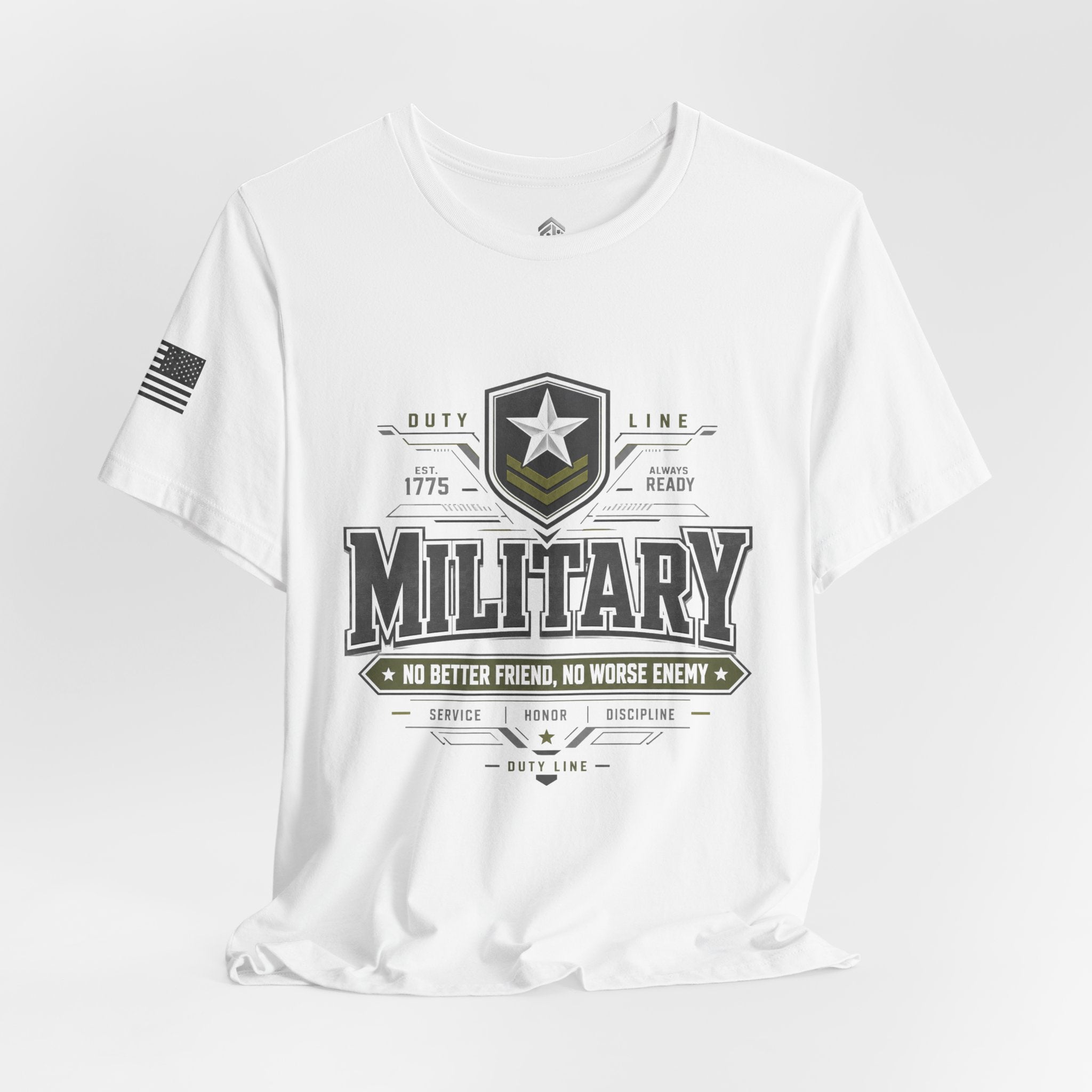 Military Graphic Tee — "No Better Friend, No Worse Enemy" Patriotic Crewneck