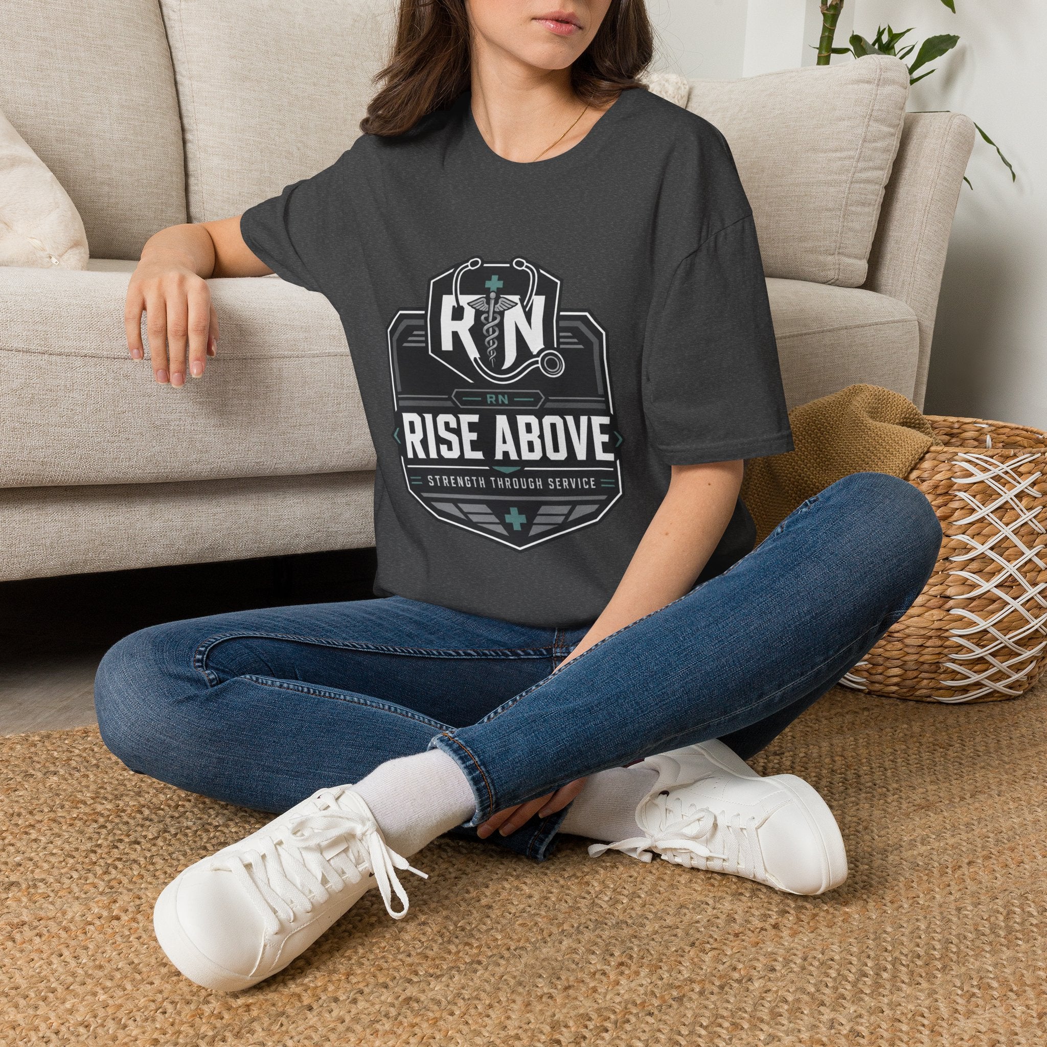 RN Stethoscope Badge T-Shirt — "Rise Above" Nurse Tribute Tee
