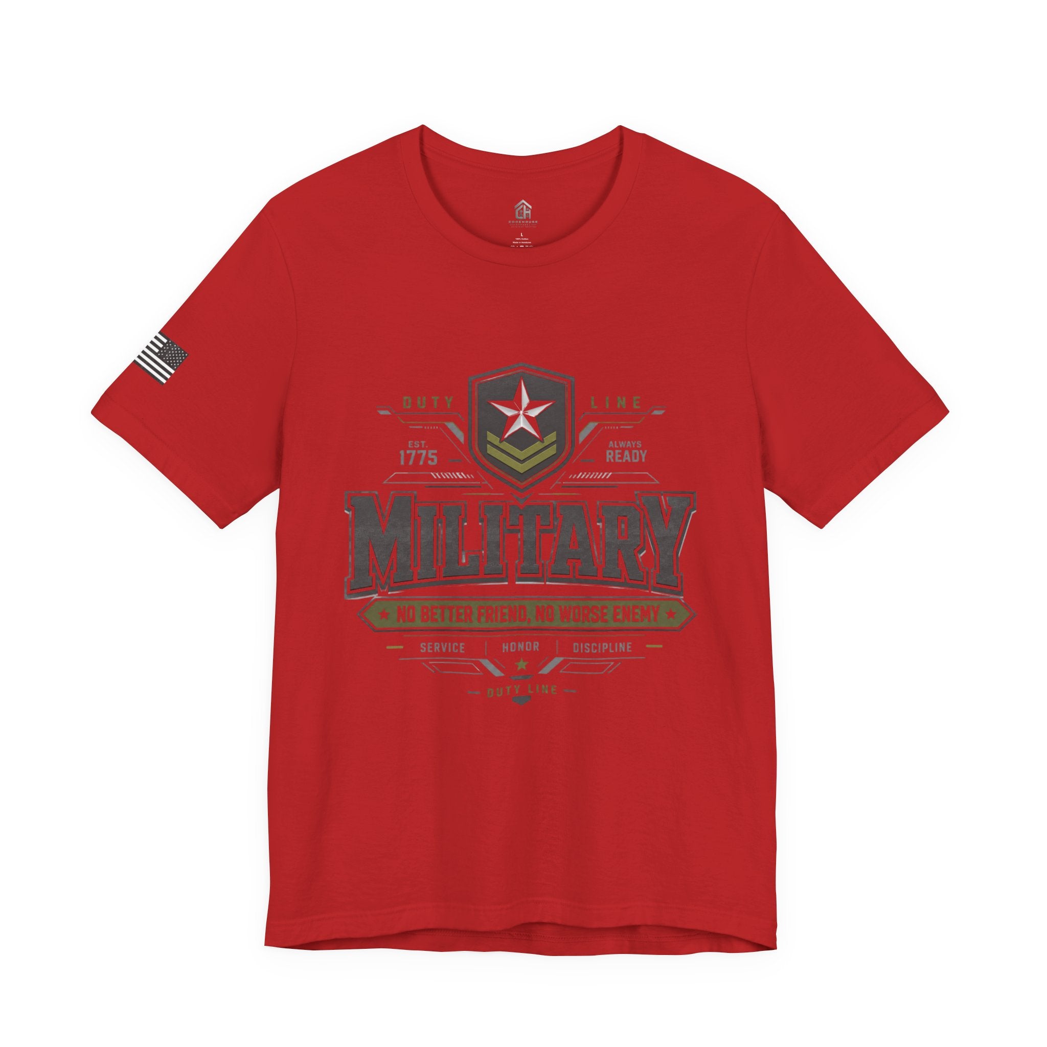 Military Graphic Tee — "No Better Friend, No Worse Enemy" Patriotic Crewneck