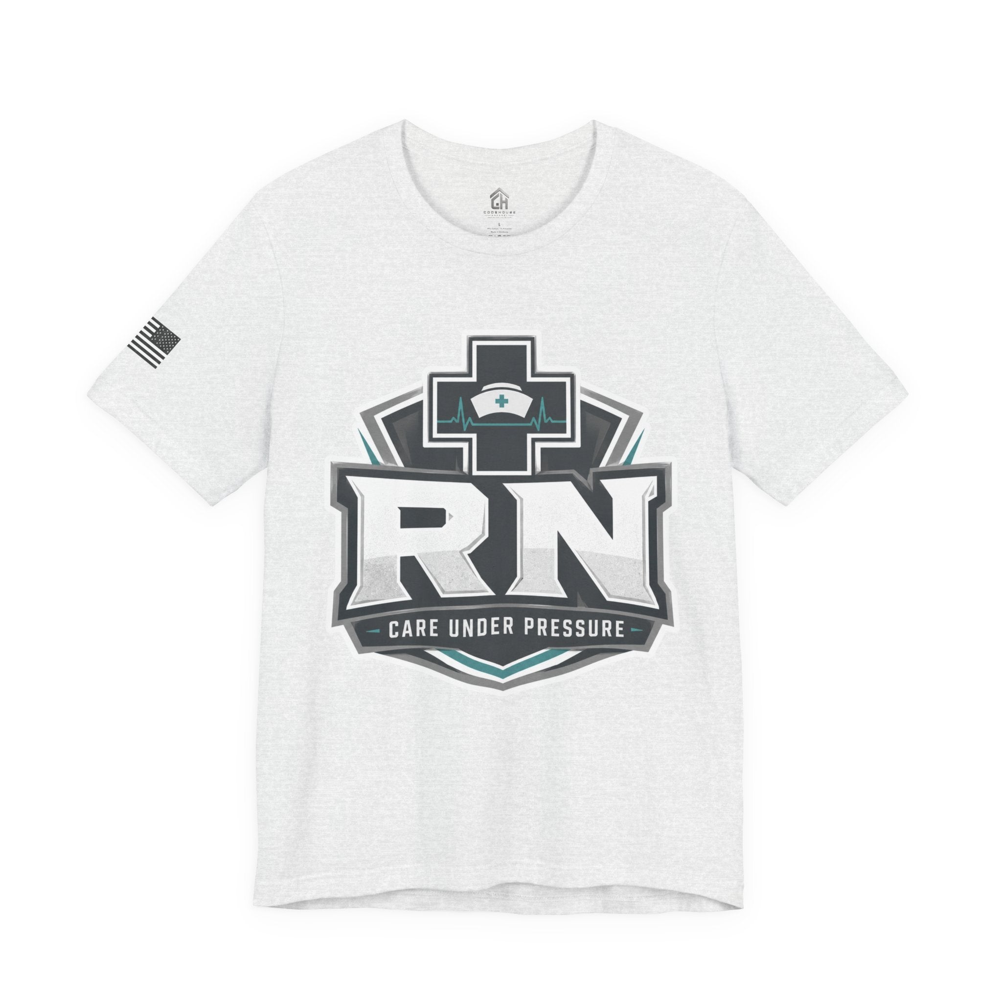 RN Nurse T-Shirt — 'Care Under Pressure' Medical Tee for Registered Nurses