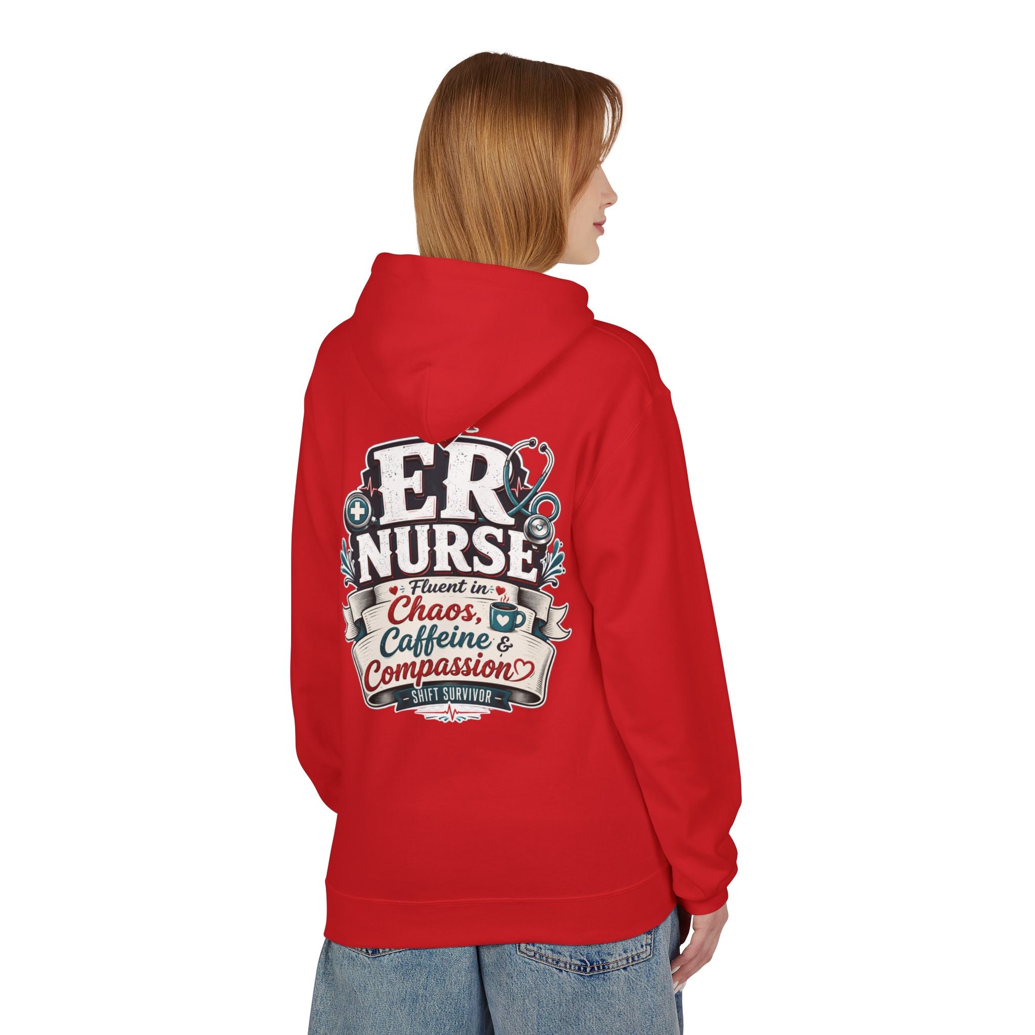 ER Nurse Hoodie - "Present in Chaos, Fueled by Caffeine & Compassion" Medical Staff Pullover