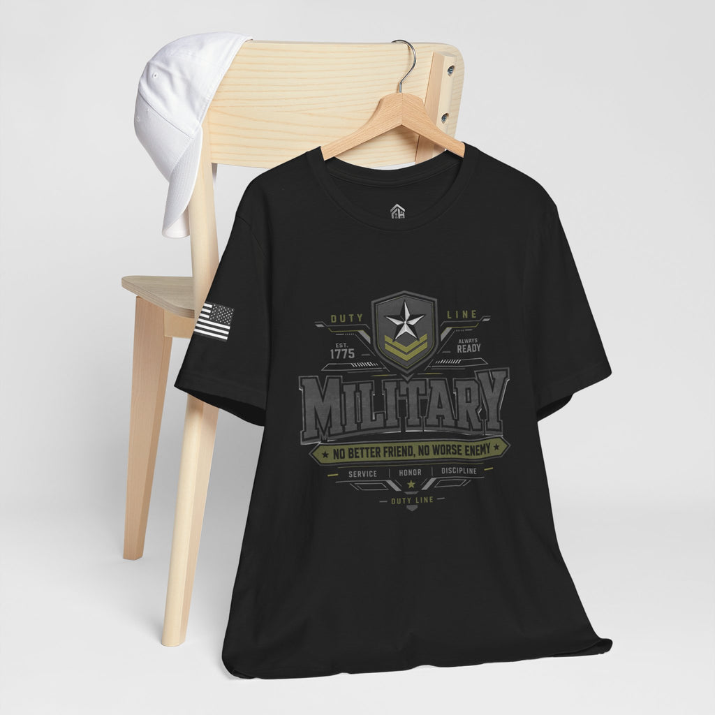 Military Graphic Tee — "No Better Friend, No Worse Enemy" Patriotic Crewneck