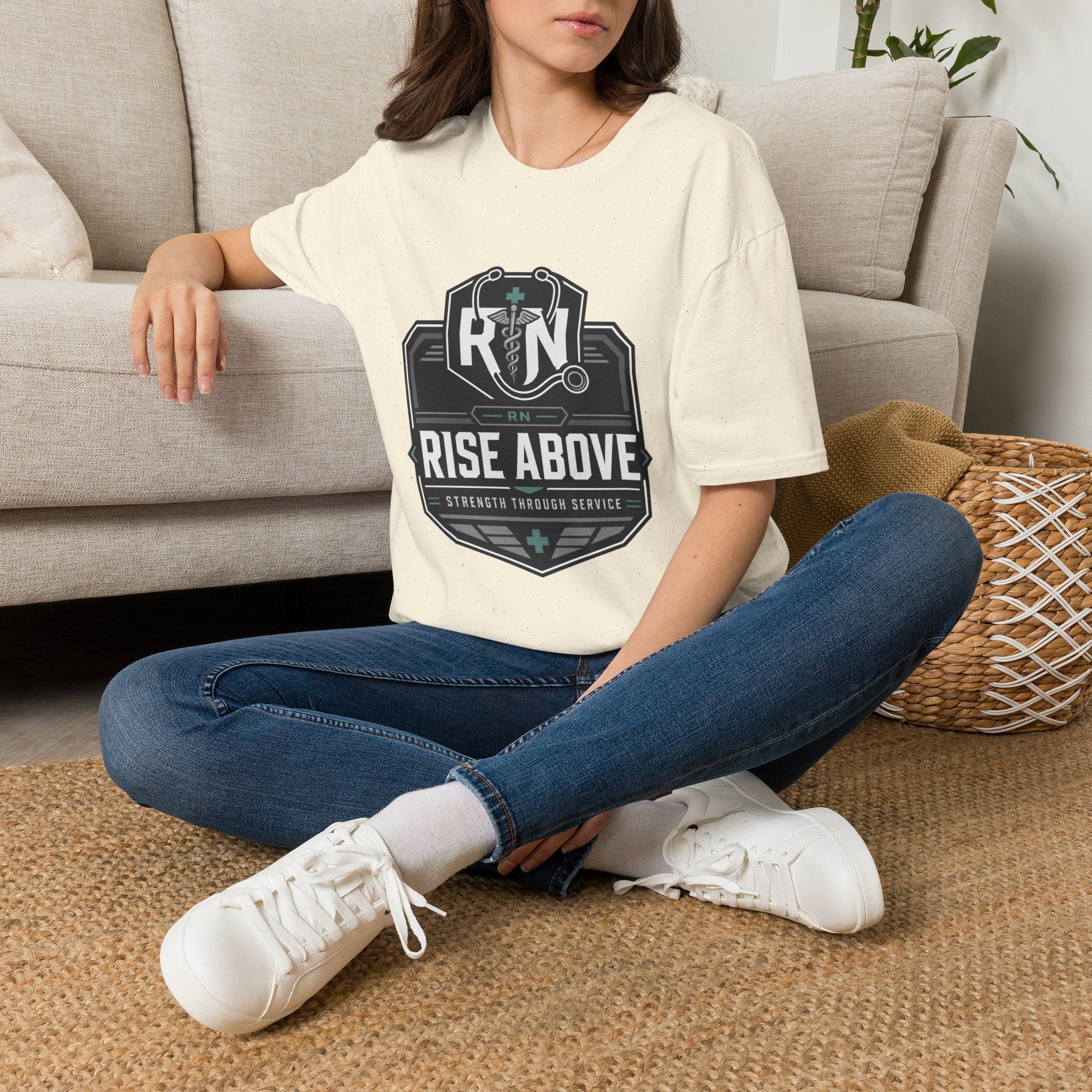 RN Stethoscope Badge T-Shirt — "Rise Above" Nurse Tribute Tee