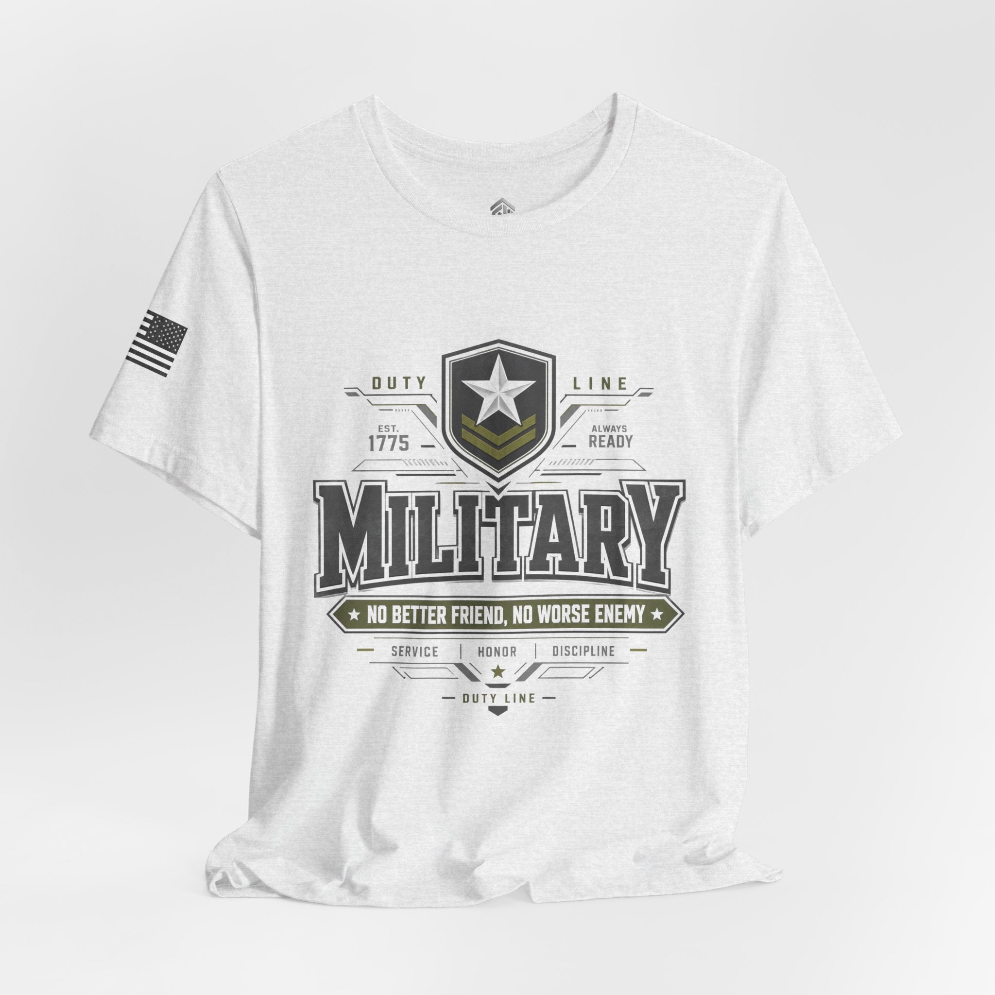 Military Graphic Tee — "No Better Friend, No Worse Enemy" Patriotic Crewneck