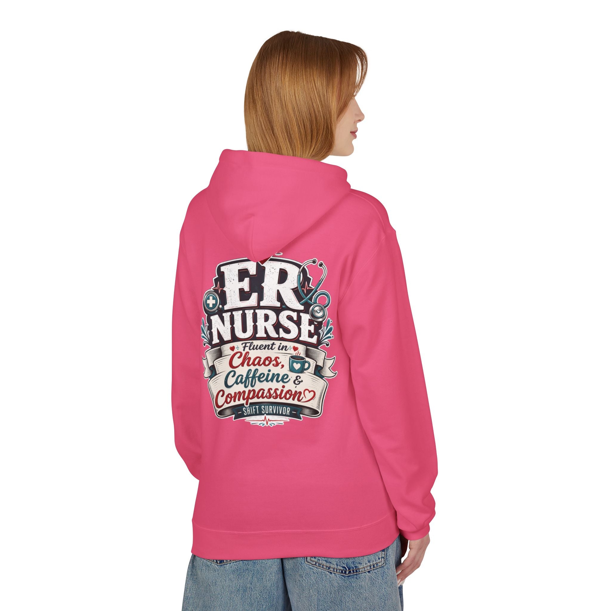 ER Nurse Hoodie - "Present in Chaos, Fueled by Caffeine & Compassion" Medical Staff Pullover