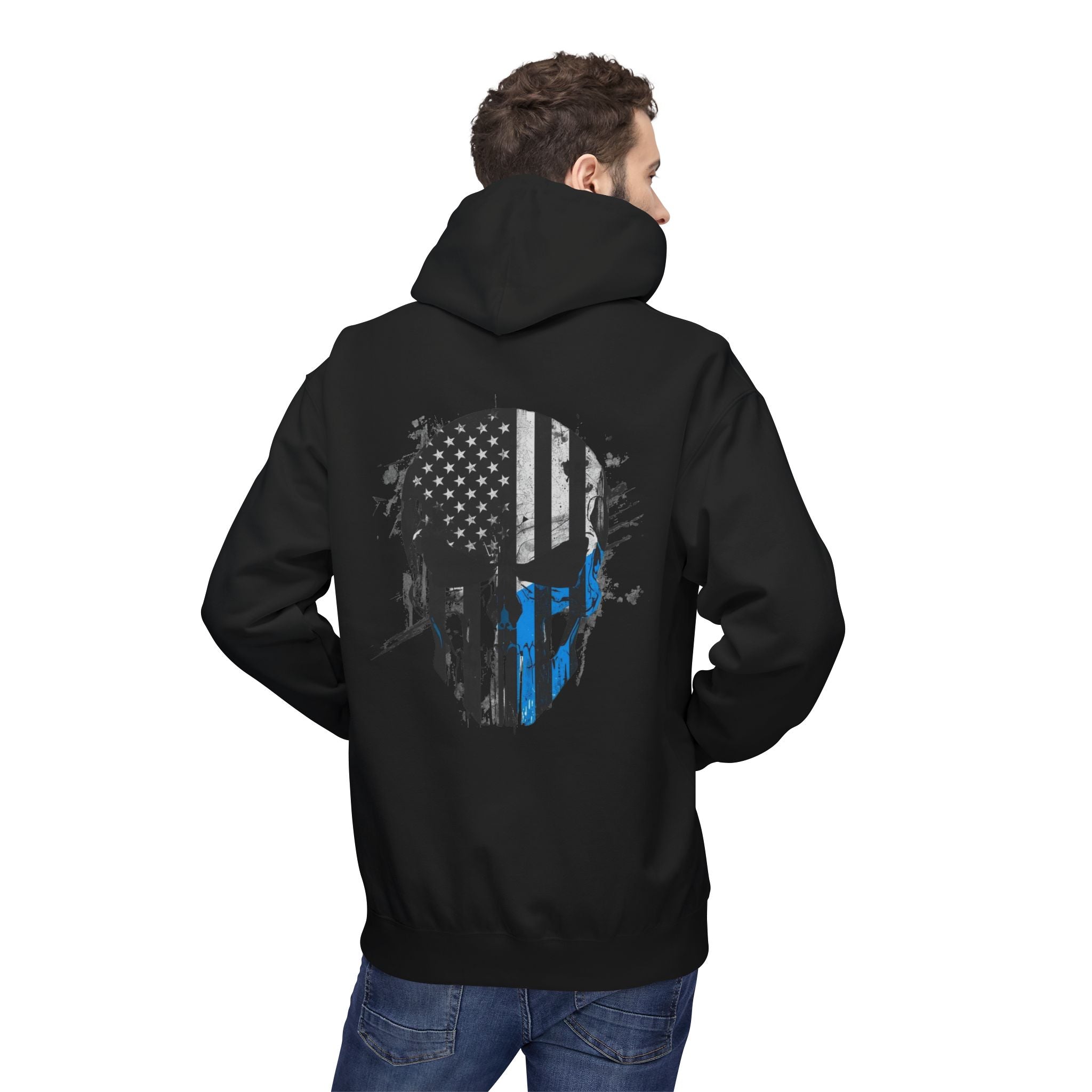 Thin Blue Line Skull Hoodie – Police Support American Flag Back Print